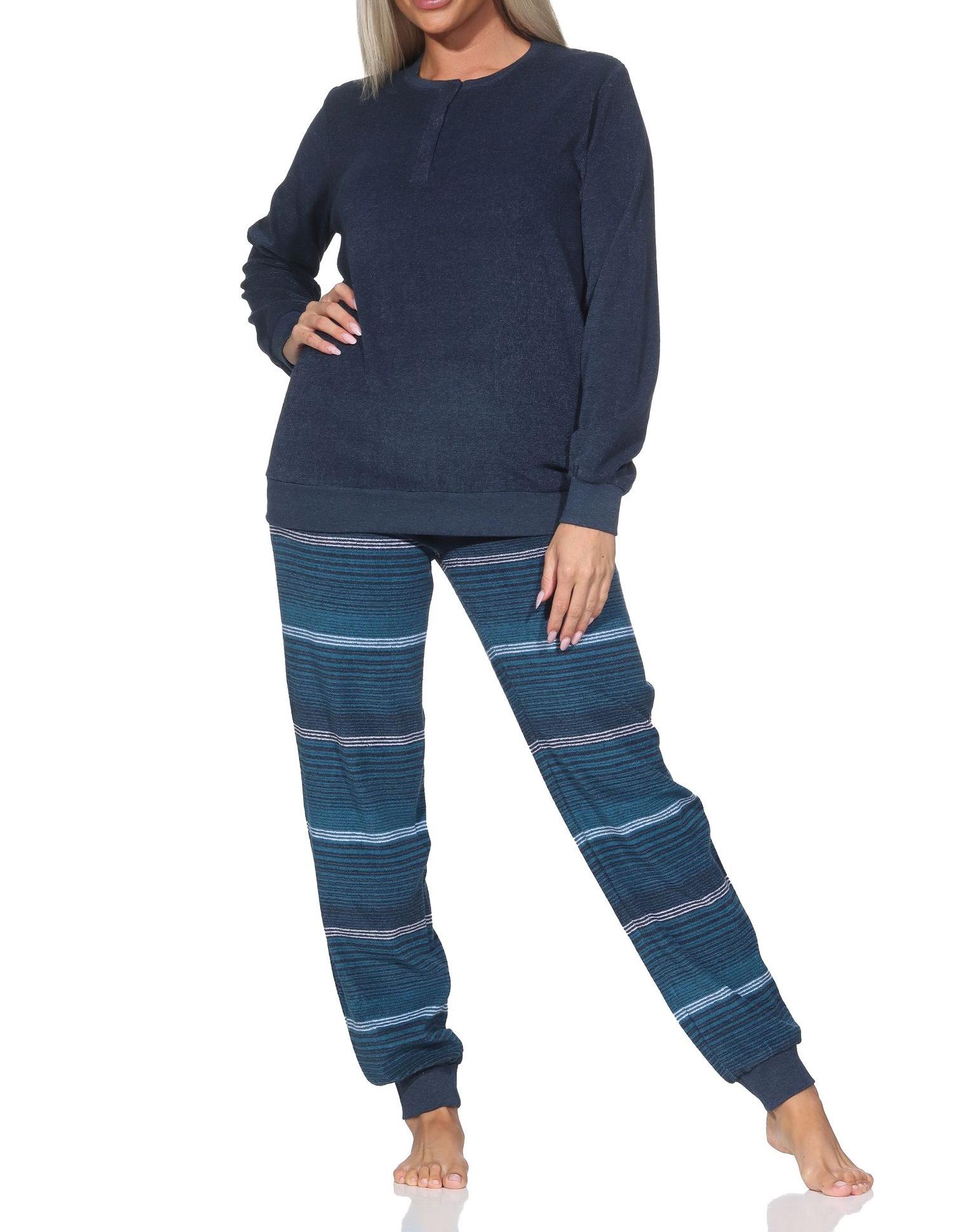 Normann Damen Frottee Schlafanzug lang mit Bündchen - Hose gestreift - auch in Übergrößen