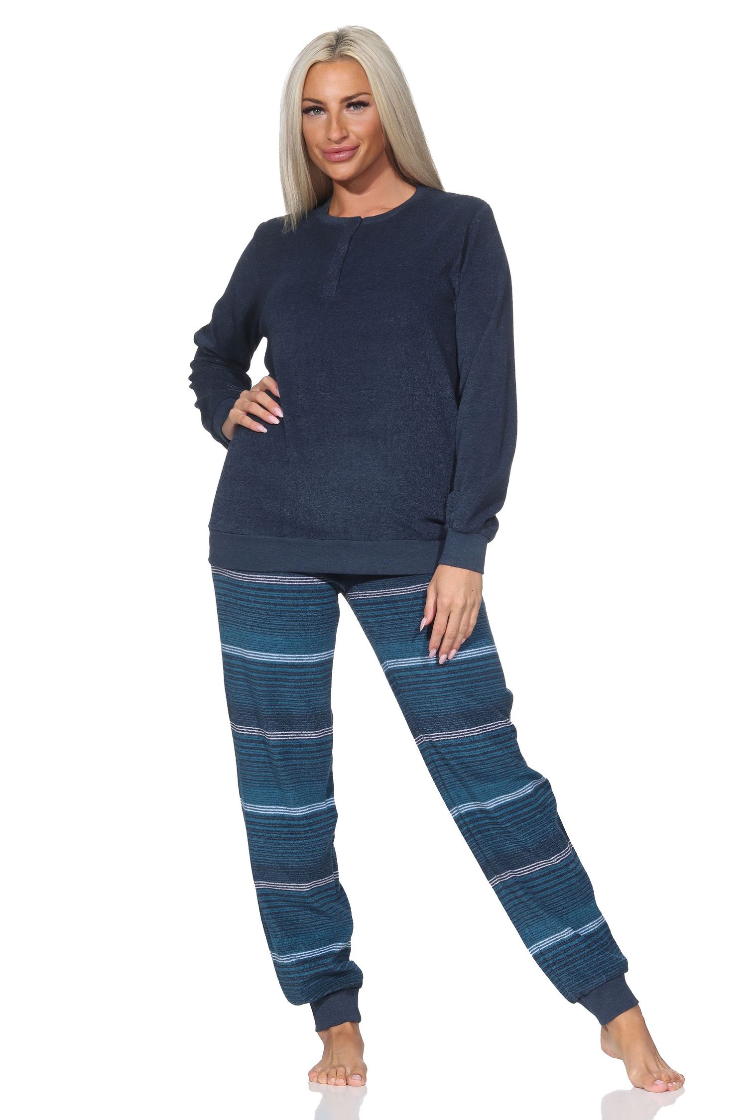 Normann Damen Frottee Schlafanzug lang mit Bündchen - Hose gestreift - auch in Übergrößen Normann Damen Frottee Schlafanzug lang mit Bündchen - Hose gestreift - auch in Übergrößen