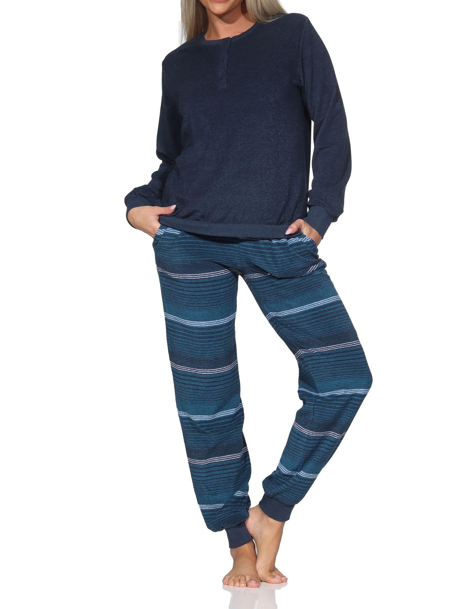 Normann Damen Frottee Schlafanzug lang mit Bündchen - Hose gestreift - auch in Übergrößen