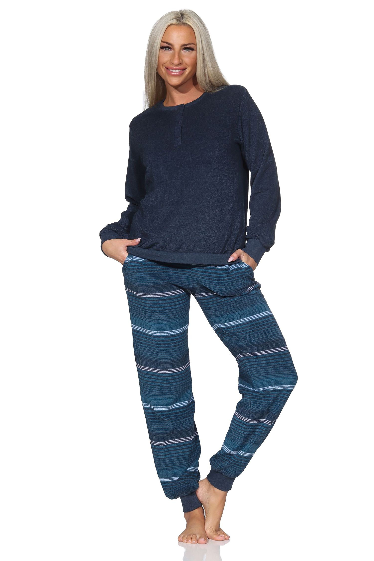 Normann Damen Frottee Schlafanzug lang mit Bündchen - Hose gestreift - auch in Übergrößen Normann Damen Frottee Schlafanzug lang mit Bündchen - Hose gestreift - auch in Übergrößen