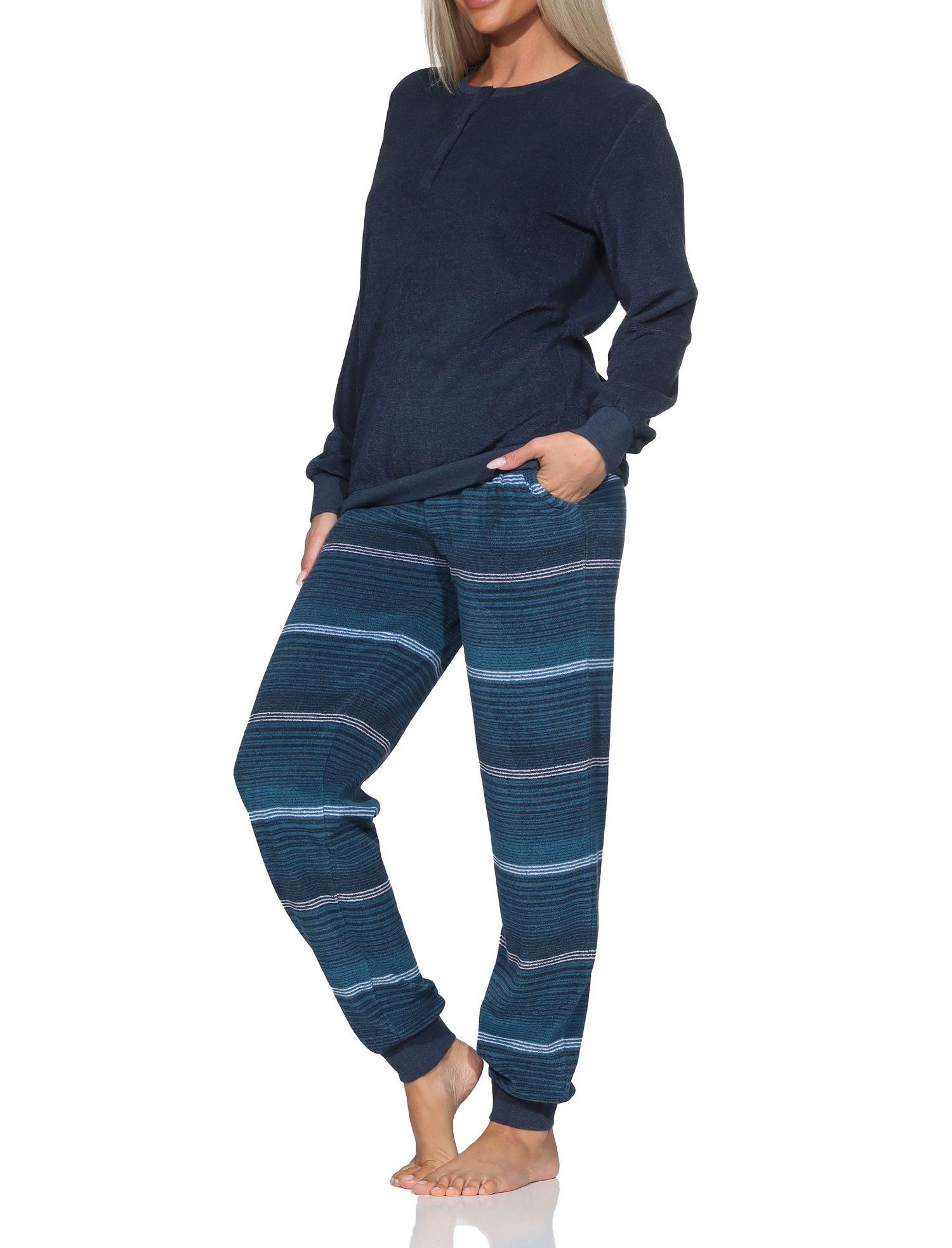 Normann Damen Frottee Schlafanzug lang mit Bündchen - Hose gestreift - auch in Übergrößen