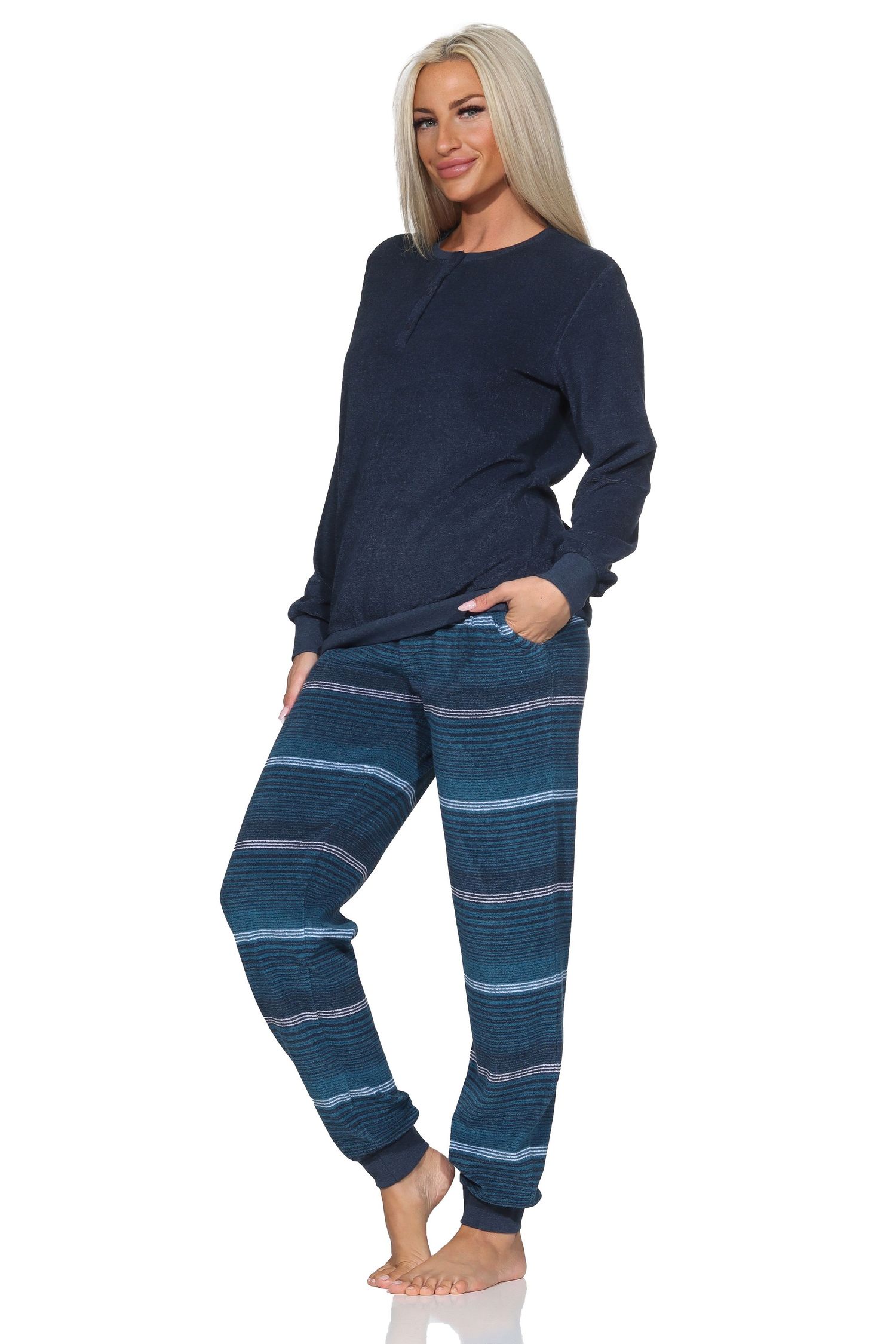 Normann Damen Frottee Schlafanzug lang mit Bündchen - Hose gestreift - auch in Übergrößen Normann Damen Frottee Schlafanzug lang mit Bündchen - Hose gestreift - auch in Übergrößen