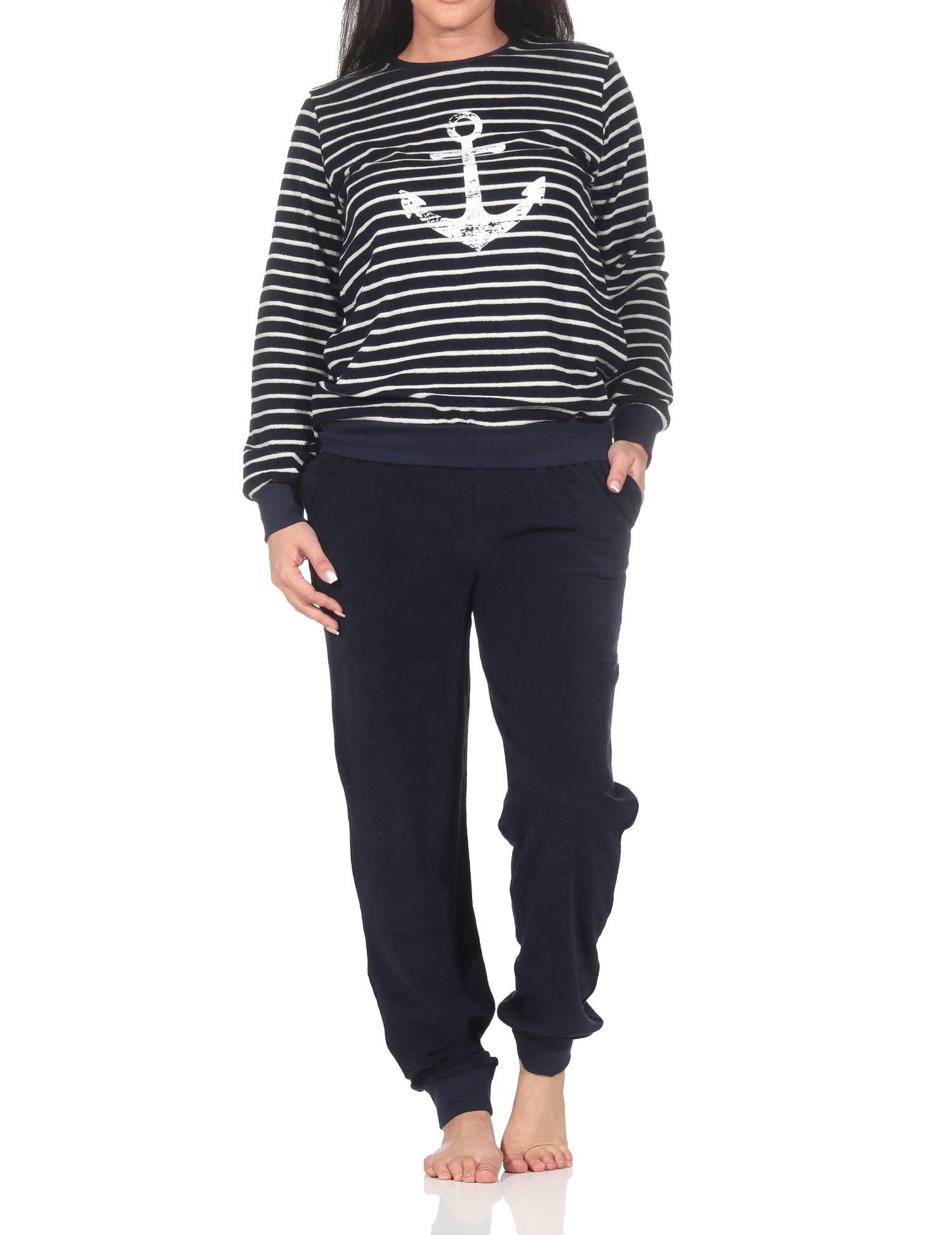 Normann Damen langarm Frottee Schlafanzug mit Bündchen in maritimer Optik und Anker Motiv