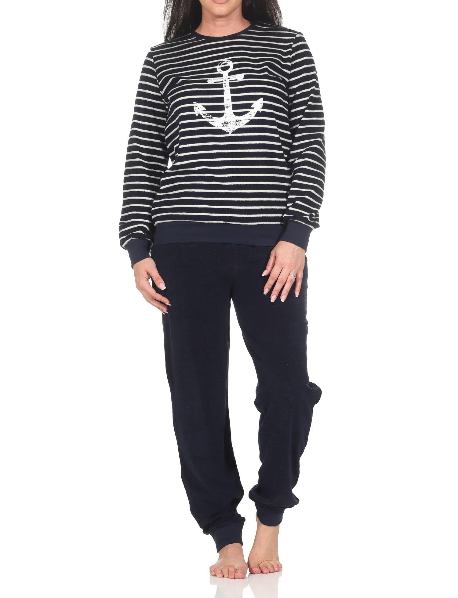 Normann Damen langarm Frottee Schlafanzug mit Bündchen in maritimer Optik und Anker Motiv