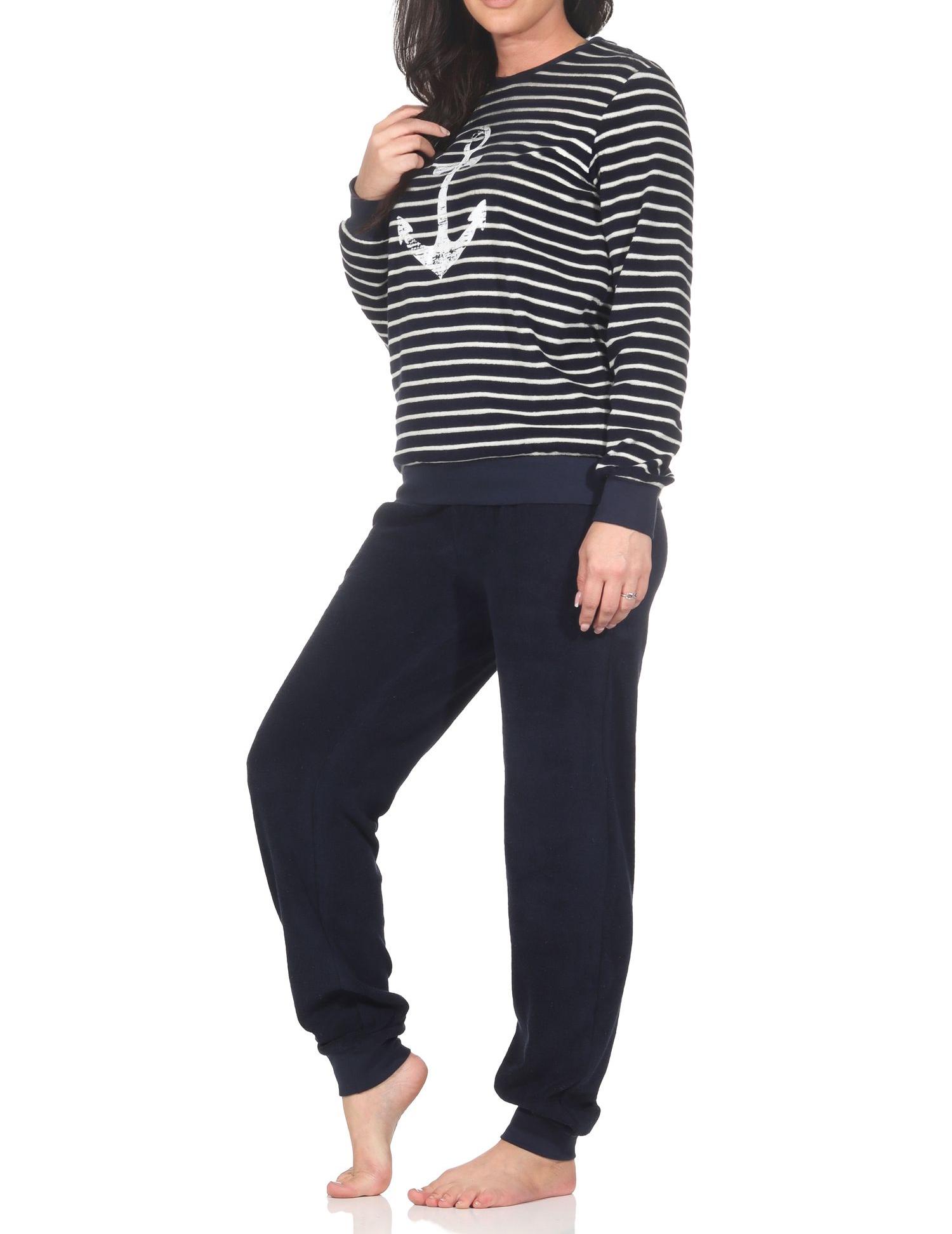 Normann Damen langarm Frottee Schlafanzug mit Bündchen in maritimer Optik und Anker Motiv