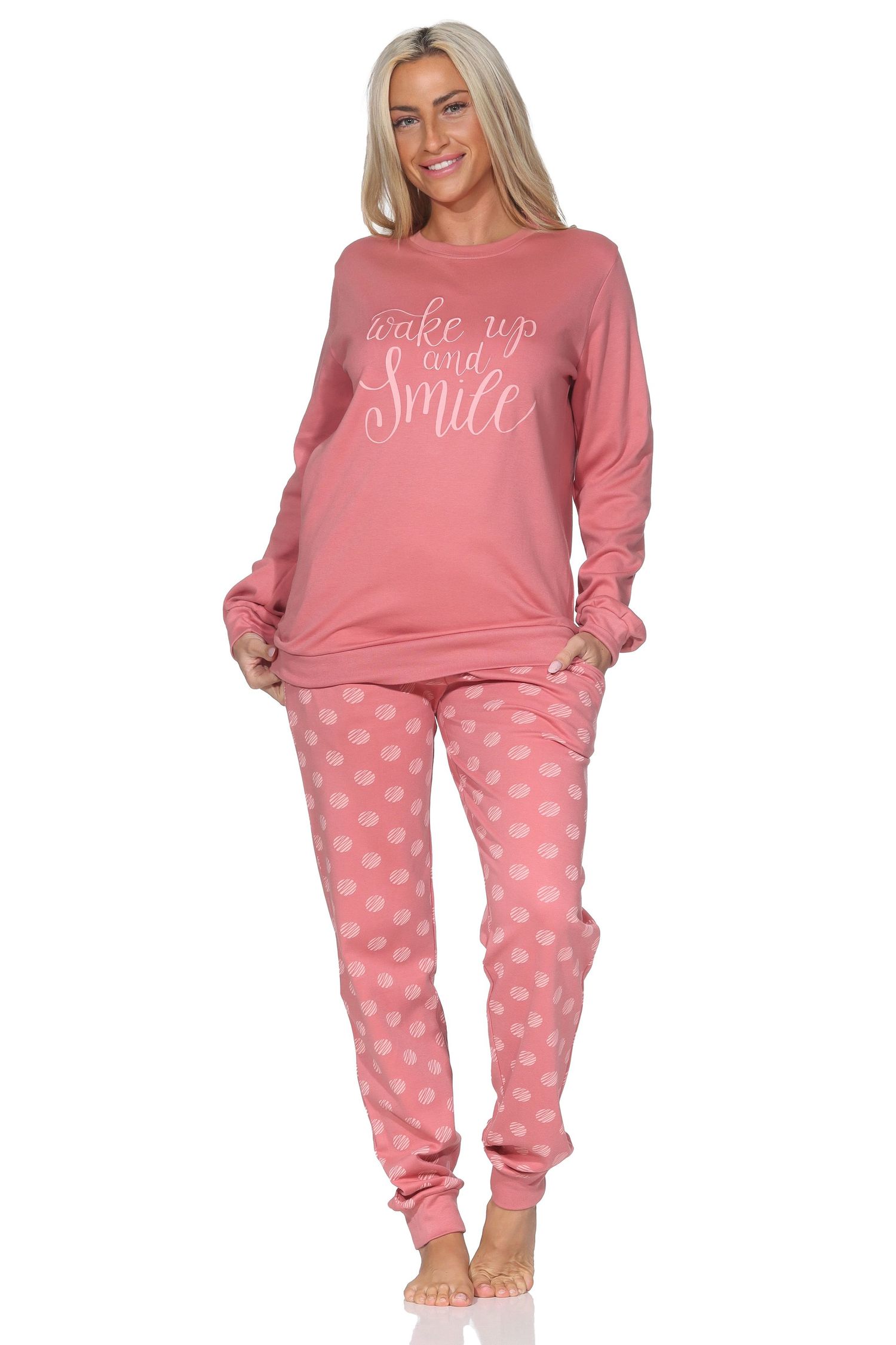 Damen Schlafanzug lang mit Bündchen in Kuschel Interlock Qualität in Tupfen – Punkte Optik Damen Schlafanzug lang mit Bündchen in Kuschel Interlock Qualität in Tupfen – Punkte Optik