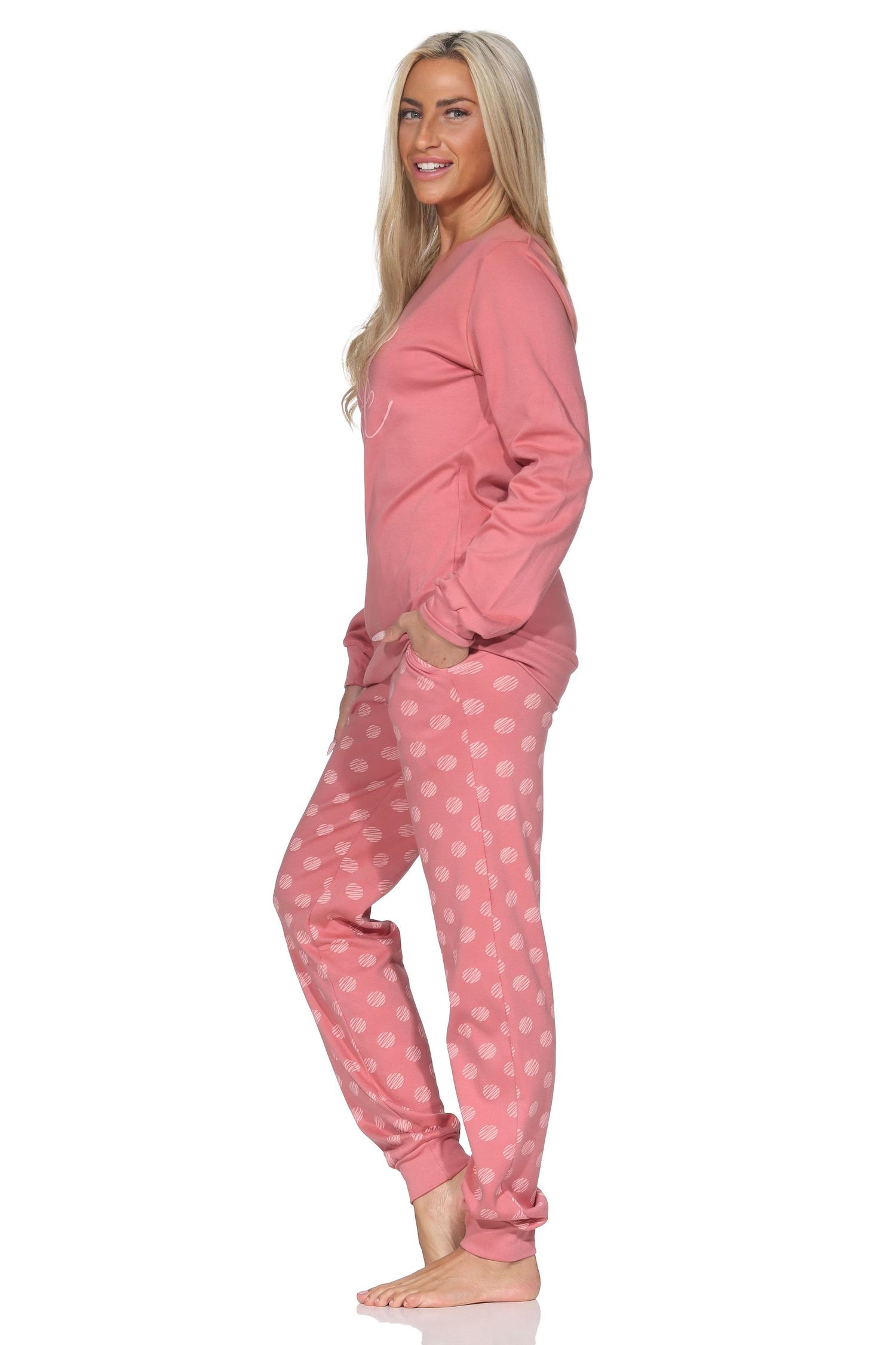 Damen Schlafanzug lang mit Bündchen in Kuschel Interlock Qualität in Tupfen – Punkte Optik Damen Schlafanzug lang mit Bündchen in Kuschel Interlock Qualität in Tupfen – Punkte Optik