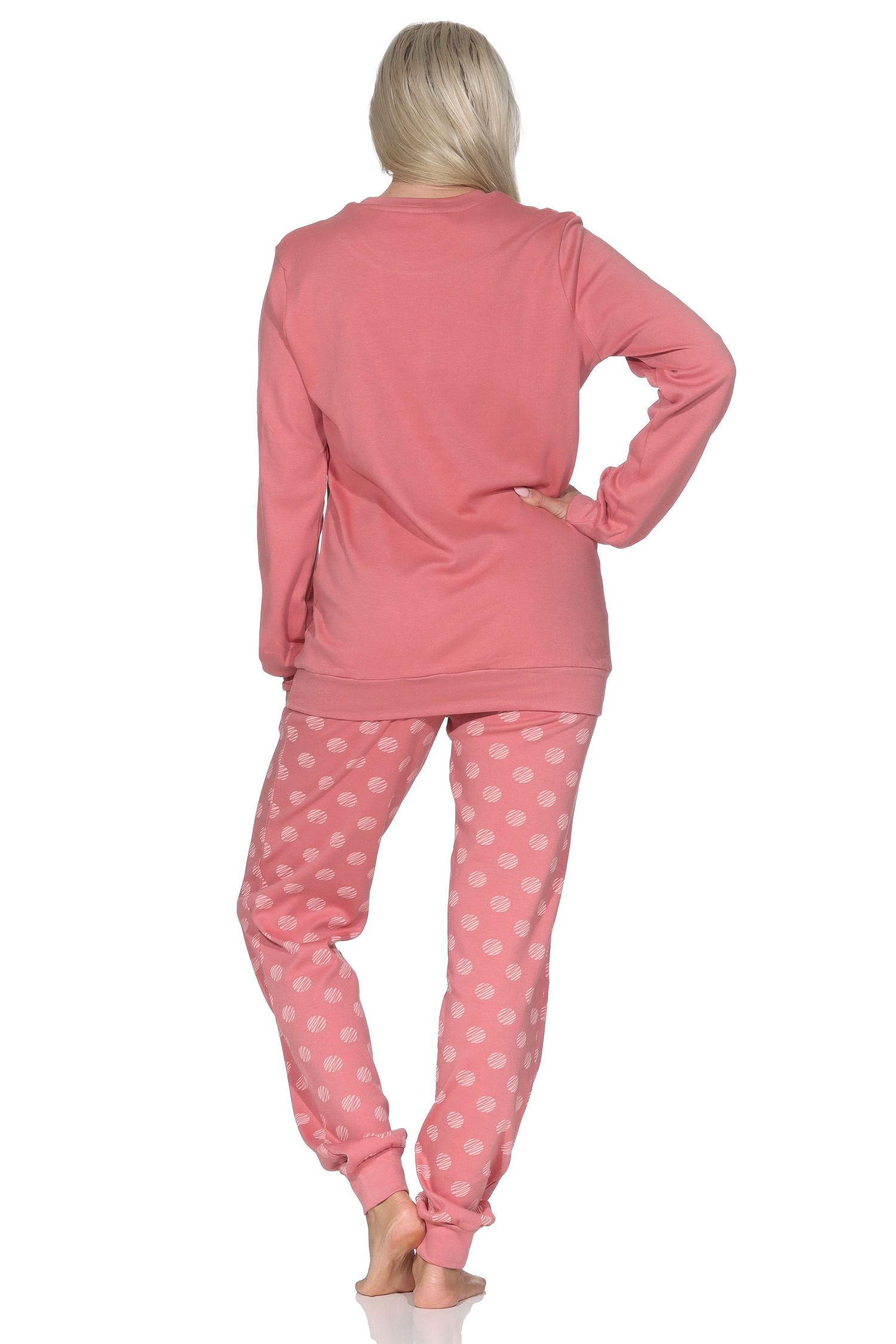 Damen Schlafanzug lang mit Bündchen in Kuschel Interlock Qualität in Tupfen – Punkte Optik Damen Schlafanzug lang mit Bündchen in Kuschel Interlock Qualität in Tupfen – Punkte Optik