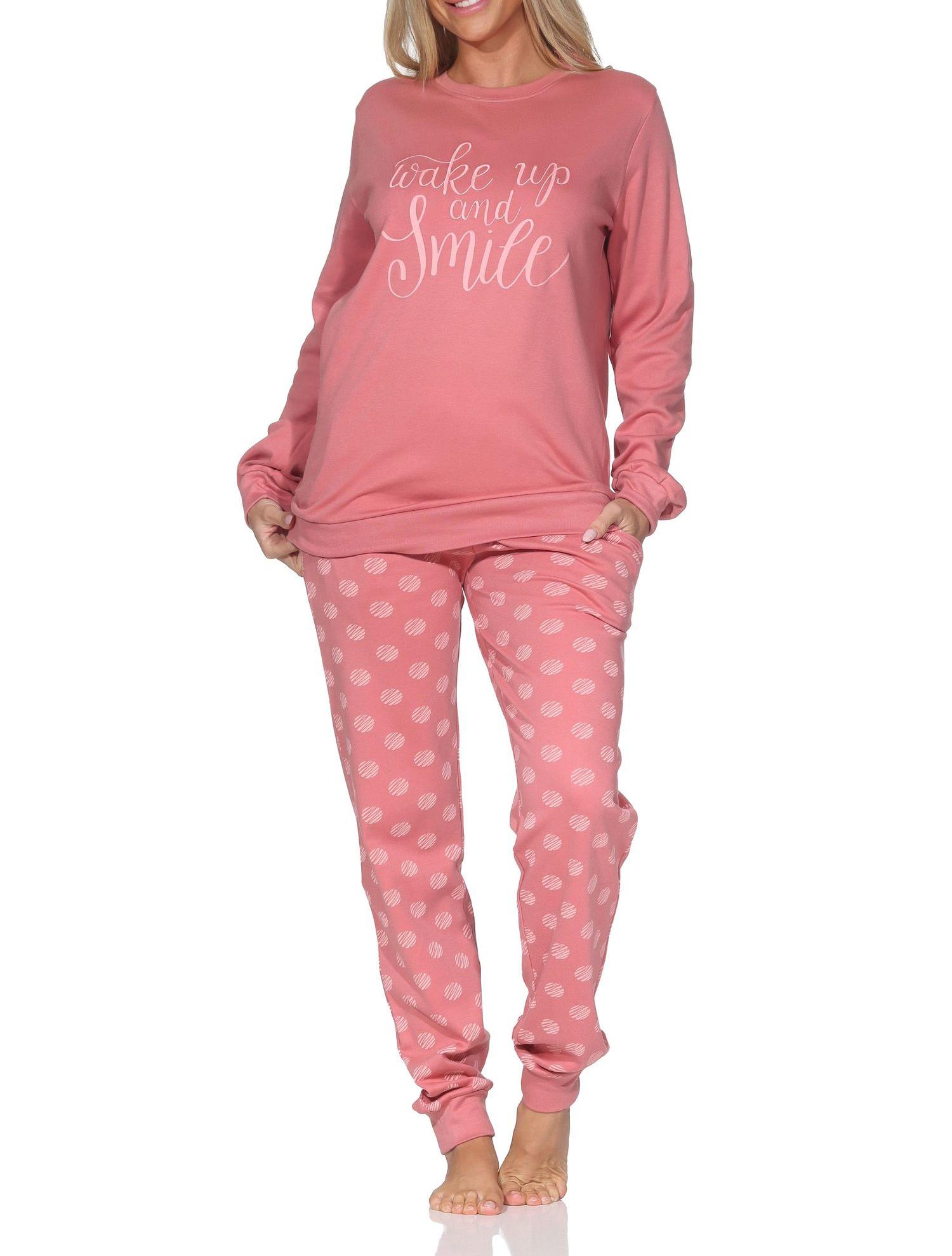 Damen Schlafanzug lang mit Bündchen in Kuschel Interlock Qualität in Tupfen – Punkte Optik