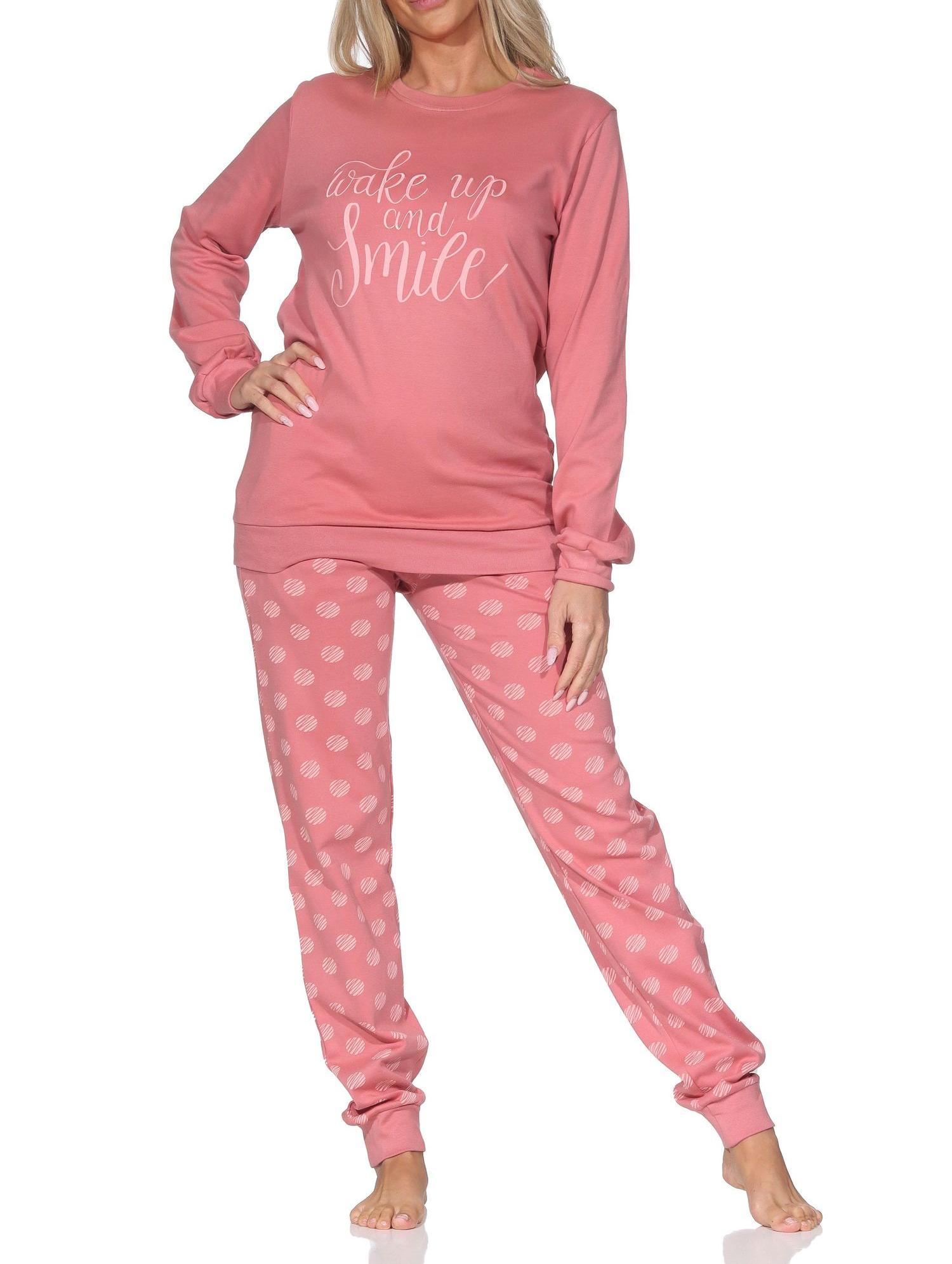 Damen Schlafanzug lang mit Bündchen in Kuschel Interlock Qualität in Tupfen – Punkte Optik