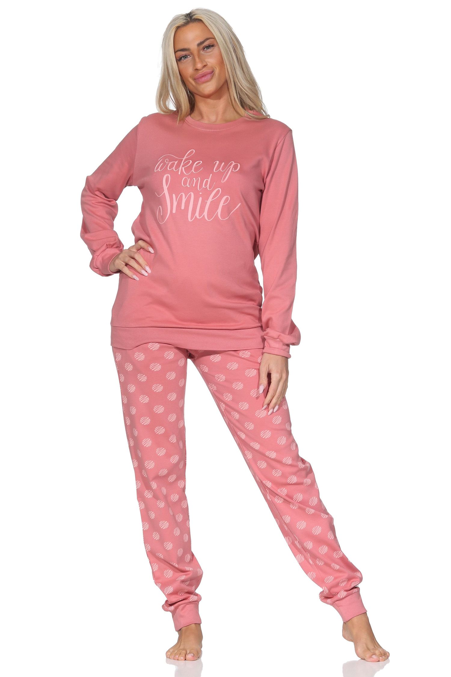 Damen Schlafanzug lang mit Bündchen in Kuschel Interlock Qualität in Tupfen – Punkte Optik