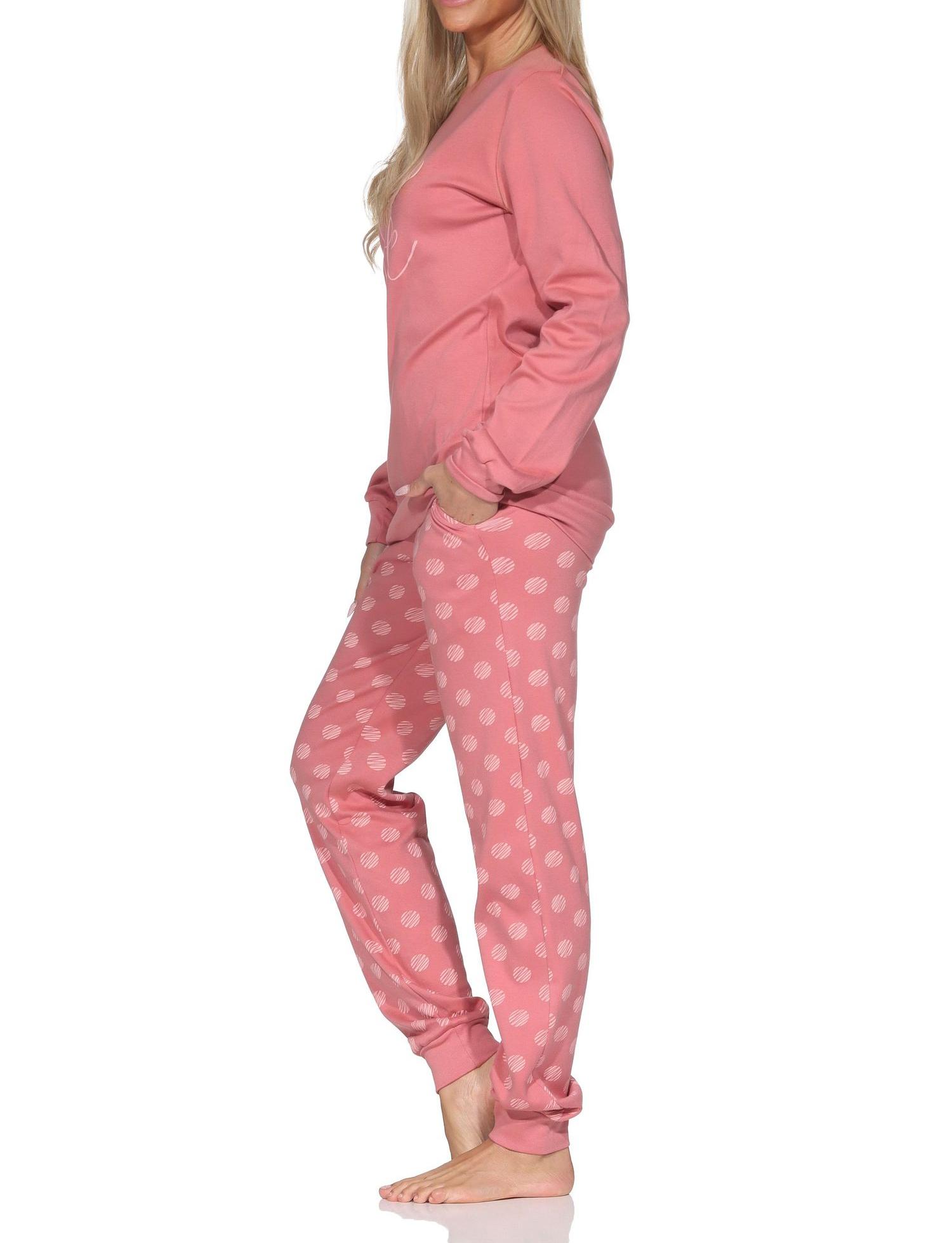 Damen Schlafanzug lang mit Bündchen in Kuschel Interlock Qualität in Tupfen – Punkte Optik