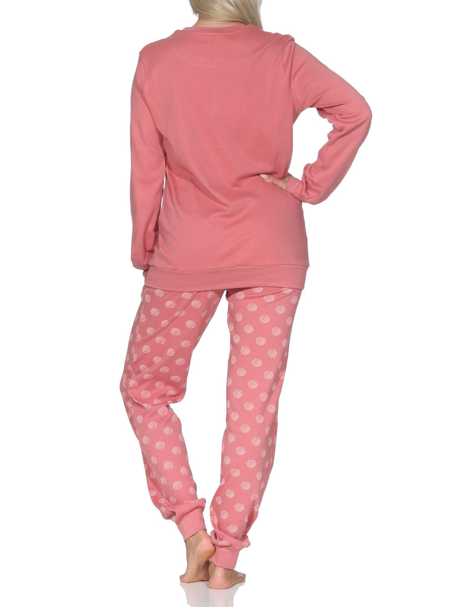 Damen Schlafanzug lang mit Bündchen in Kuschel Interlock Qualität in Tupfen – Punkte Optik