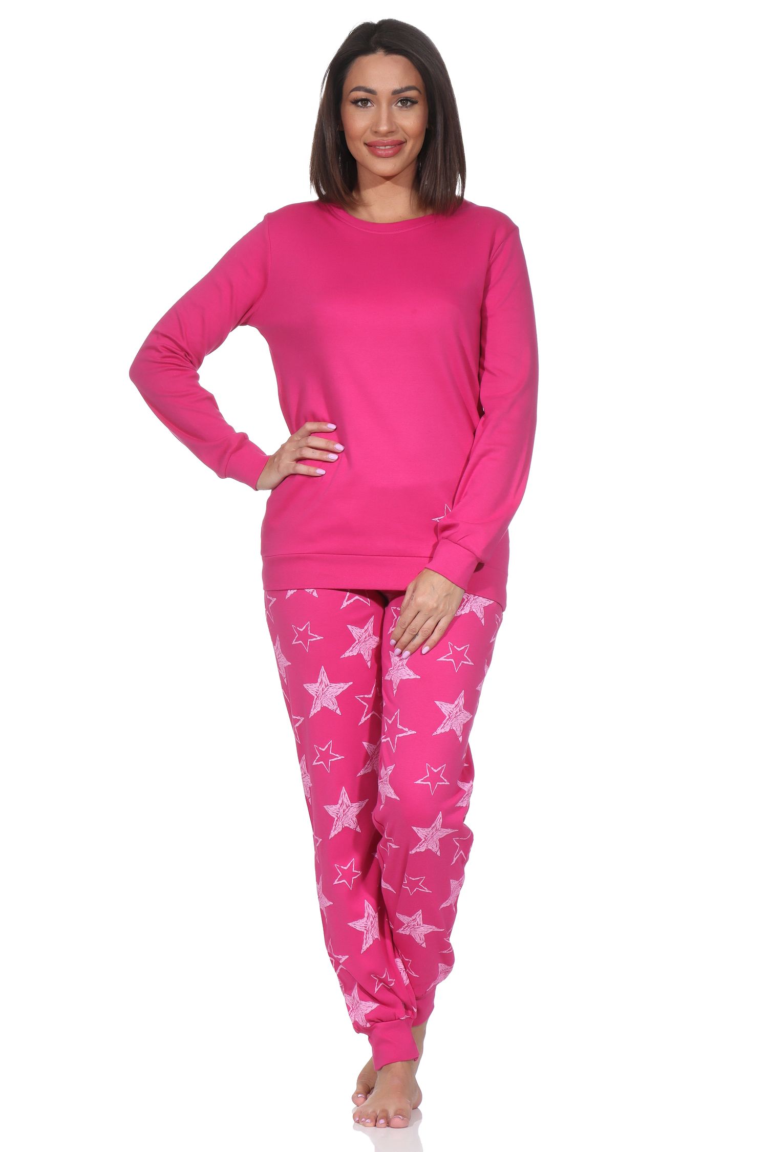 Normann Damen Schlafanzug lang in Kuschel Interlock Qualität mit Bündchen in Sterne Optik Normann Damen Schlafanzug lang in Kuschel Interlock Qualität mit Bündchen in Sterne Optik