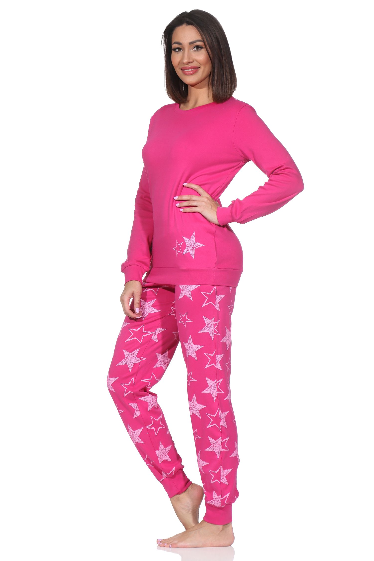 Normann Damen Schlafanzug lang in Kuschel Interlock Qualität mit Bündchen in Sterne Optik Normann Damen Schlafanzug lang in Kuschel Interlock Qualität mit Bündchen in Sterne Optik