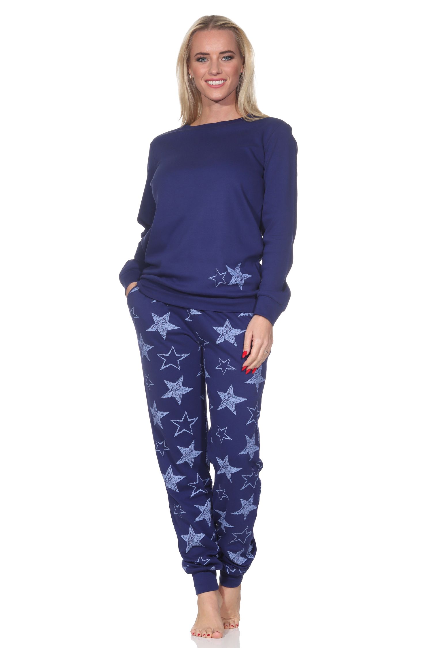 Normann Damen Schlafanzug lang in Kuschel Interlock Qualität mit Bündchen in Sterne Optik