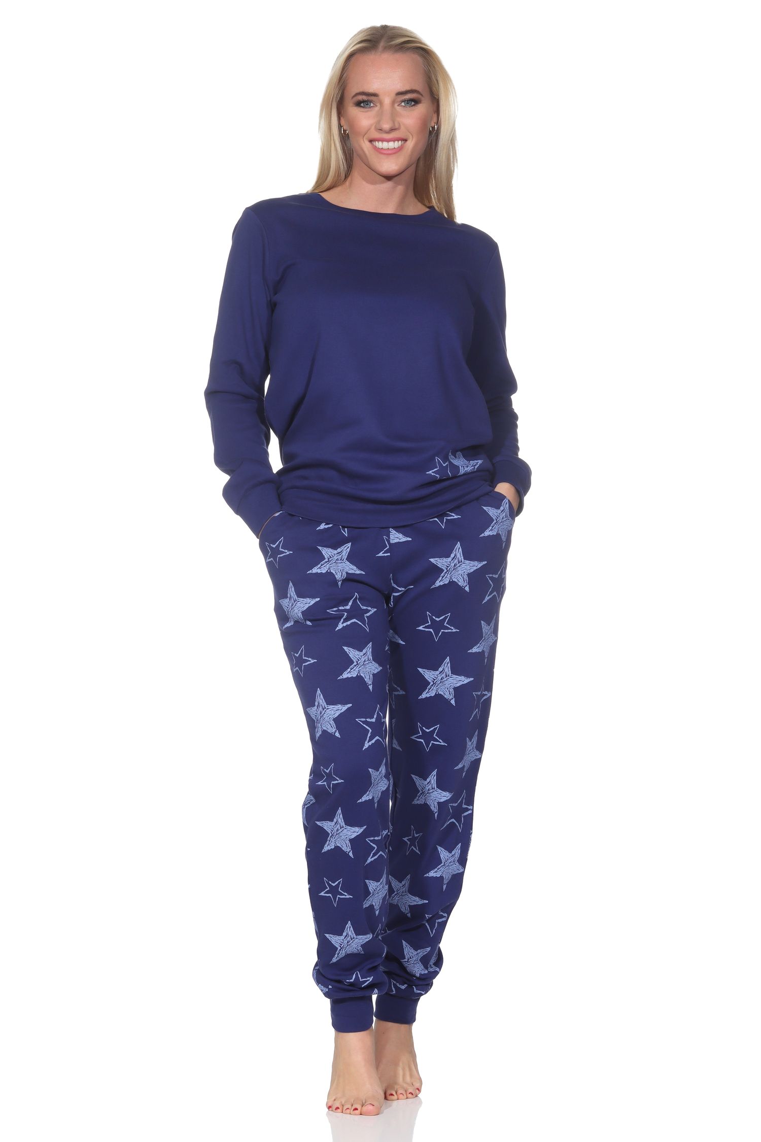 Normann Damen Schlafanzug lang in Kuschel Interlock Qualität mit Bündchen in Sterne Optik