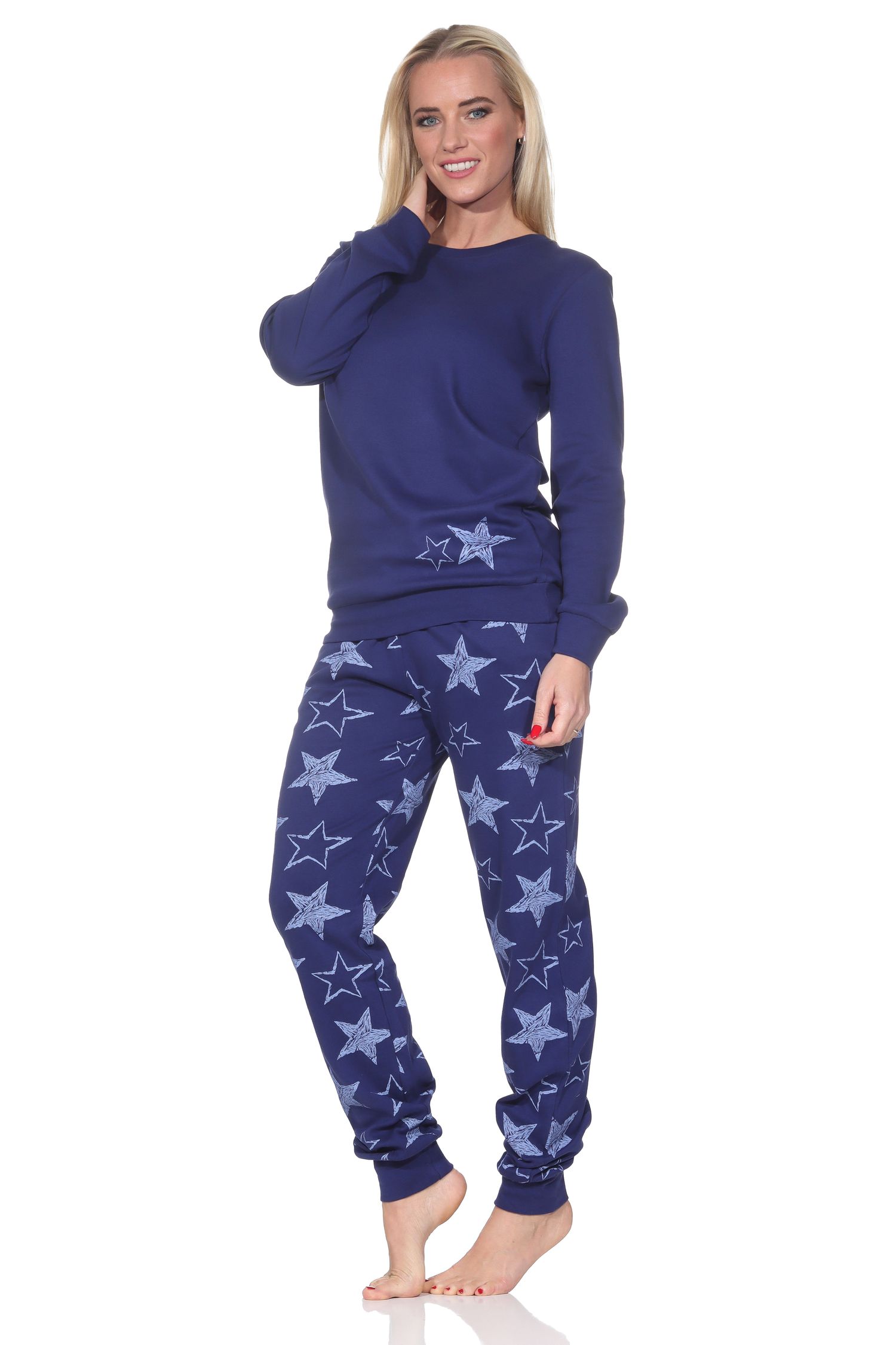 Normann Damen Schlafanzug lang in Kuschel Interlock Qualität mit Bündchen in Sterne Optik