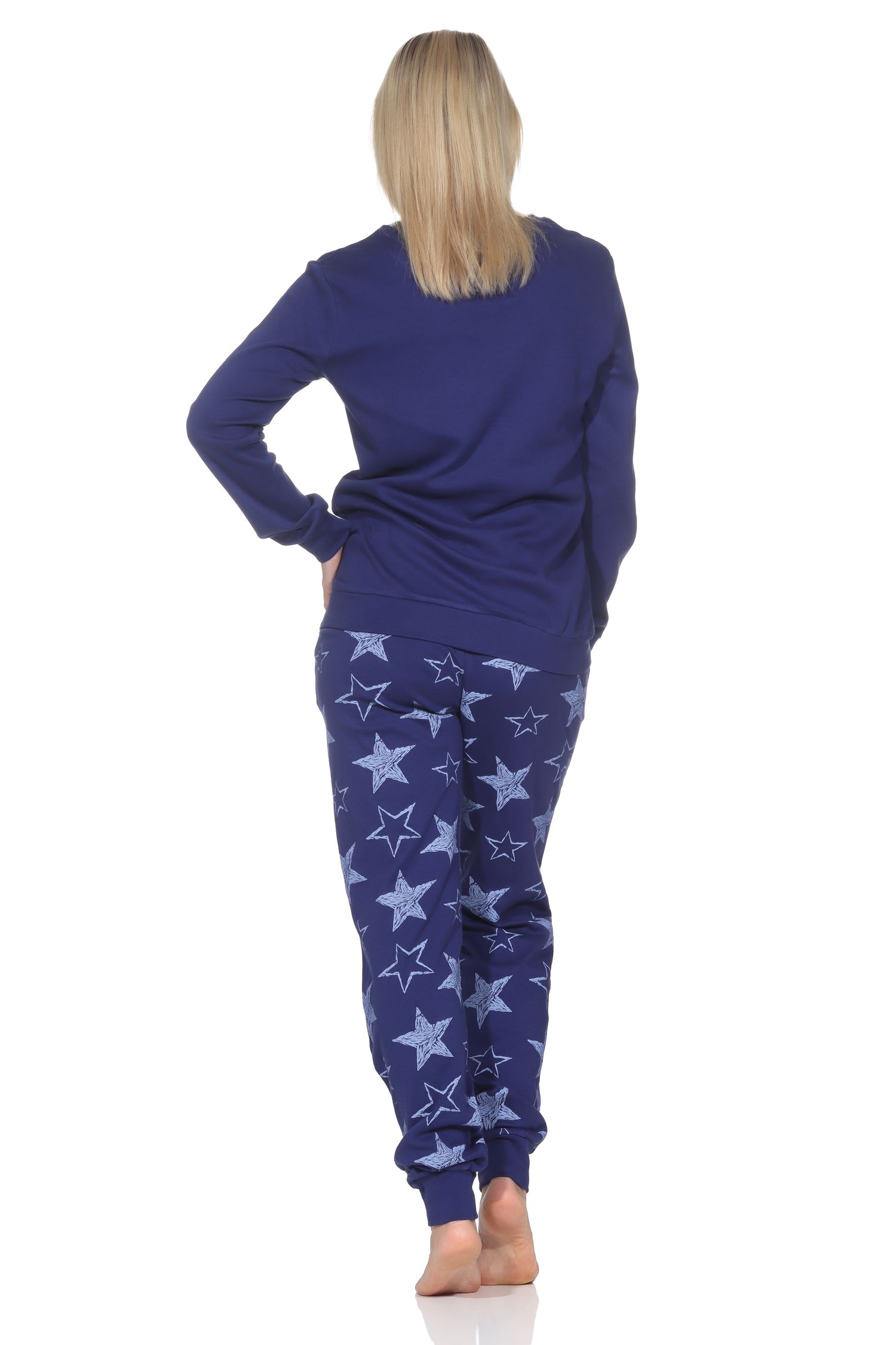Normann Damen Schlafanzug lang in Kuschel Interlock Qualität mit Bündchen in Sterne Optik