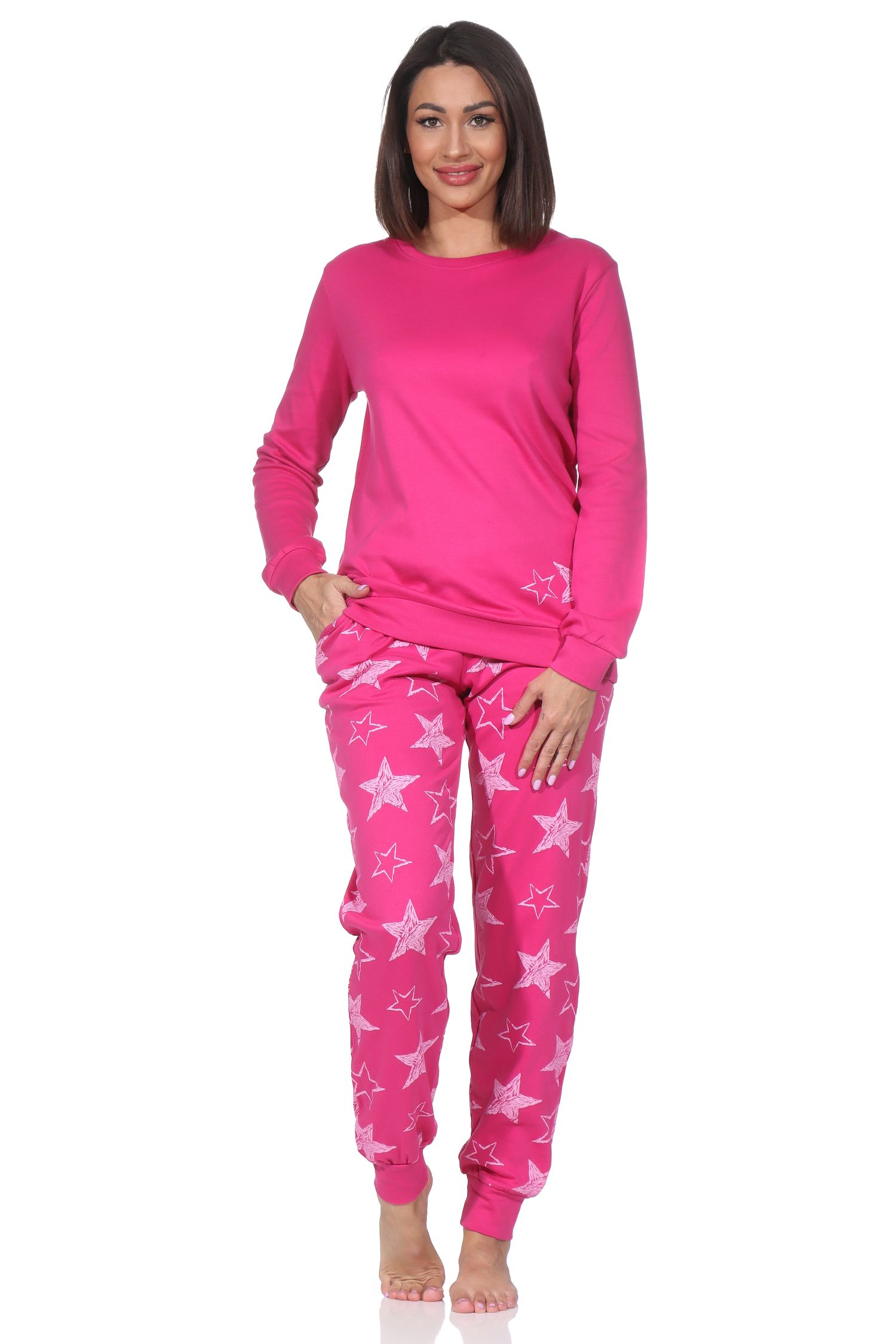 Normann Damen Schlafanzug lang in Kuschel Interlock Qualität mit Bündchen in Sterne Optik