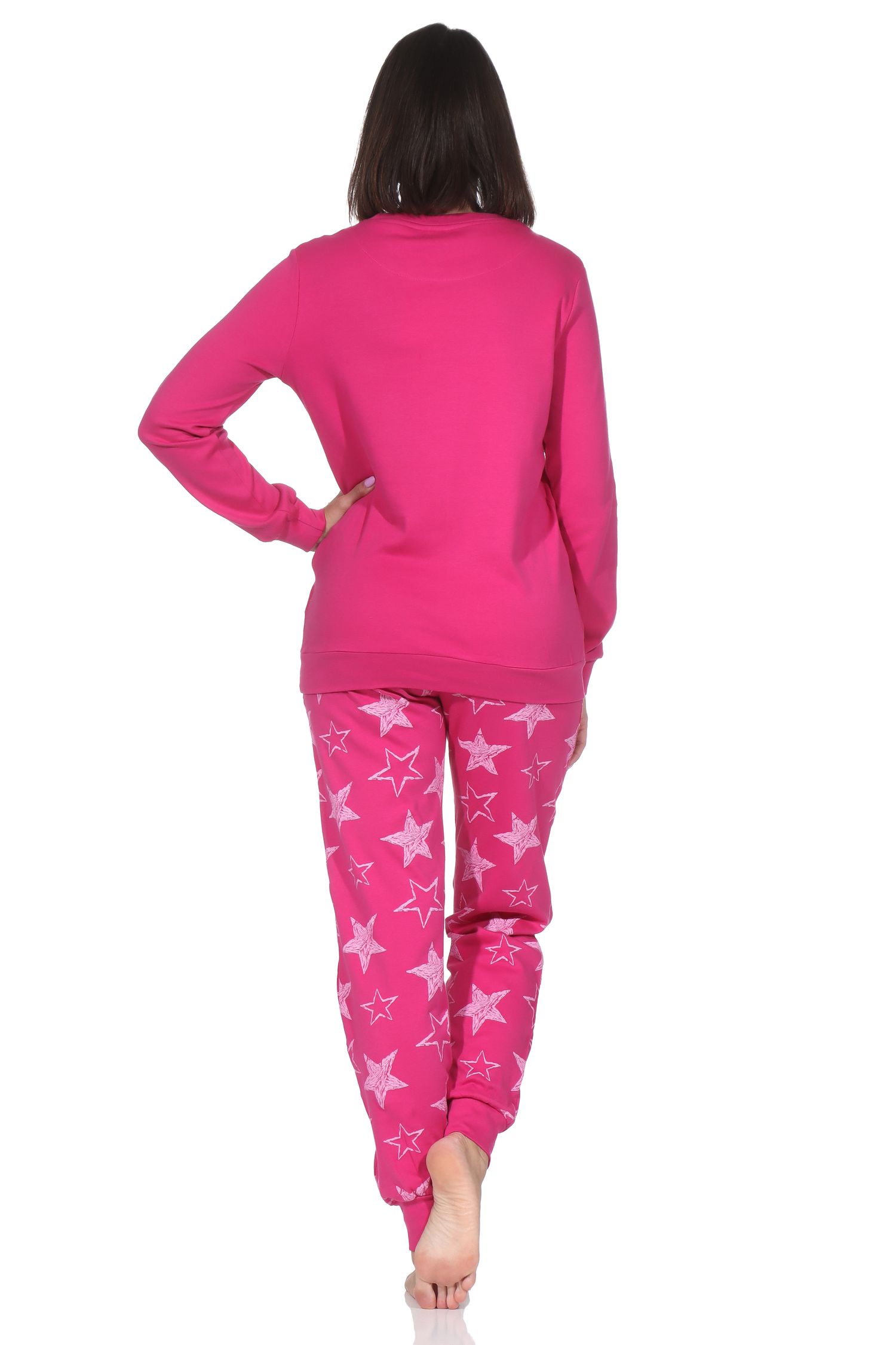 Normann Damen Schlafanzug lang in Kuschel Interlock Qualität mit Bündchen in Sterne Optik