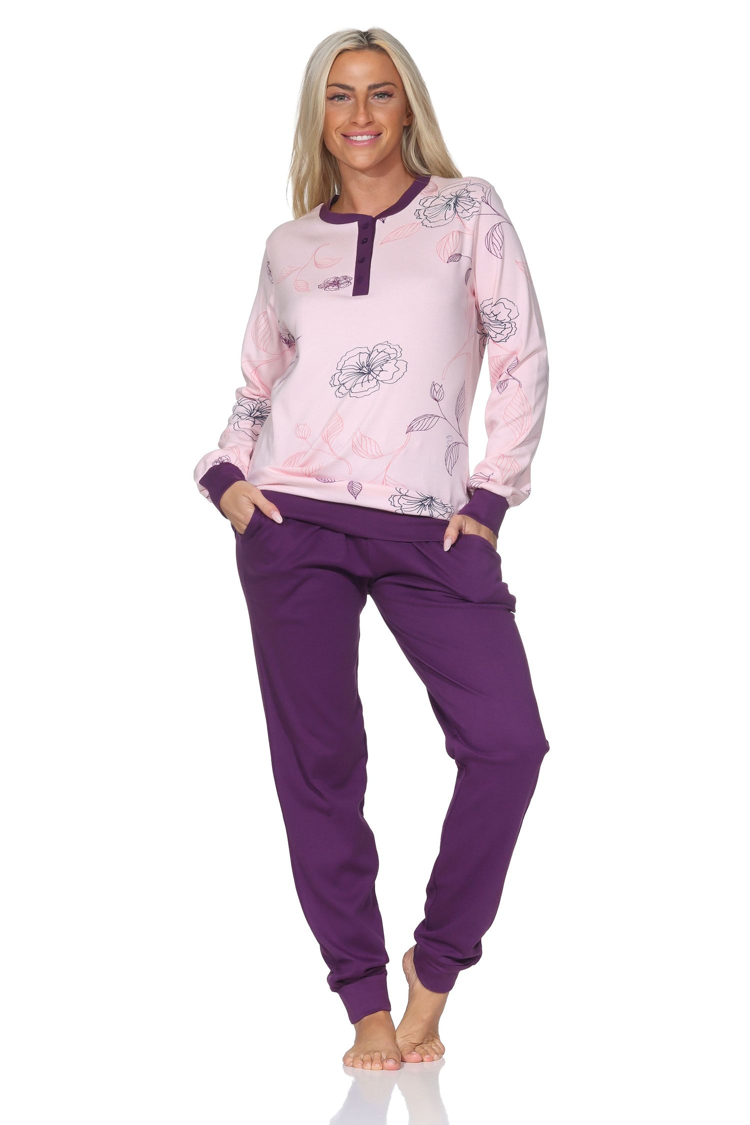 Normann Damen Interlock Schlafanzug lang mit Bündchen in edler Optik - auch in Übergröße