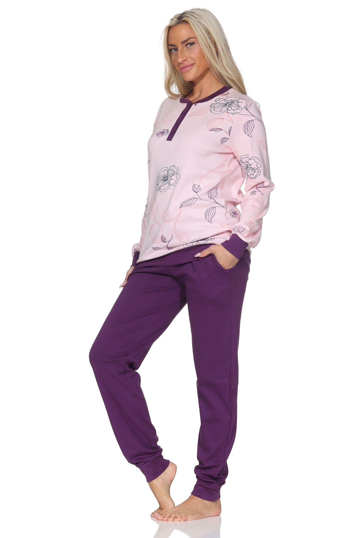 Normann Damen Interlock Schlafanzug lang mit Bündchen in edler Optik - auch in Übergröße