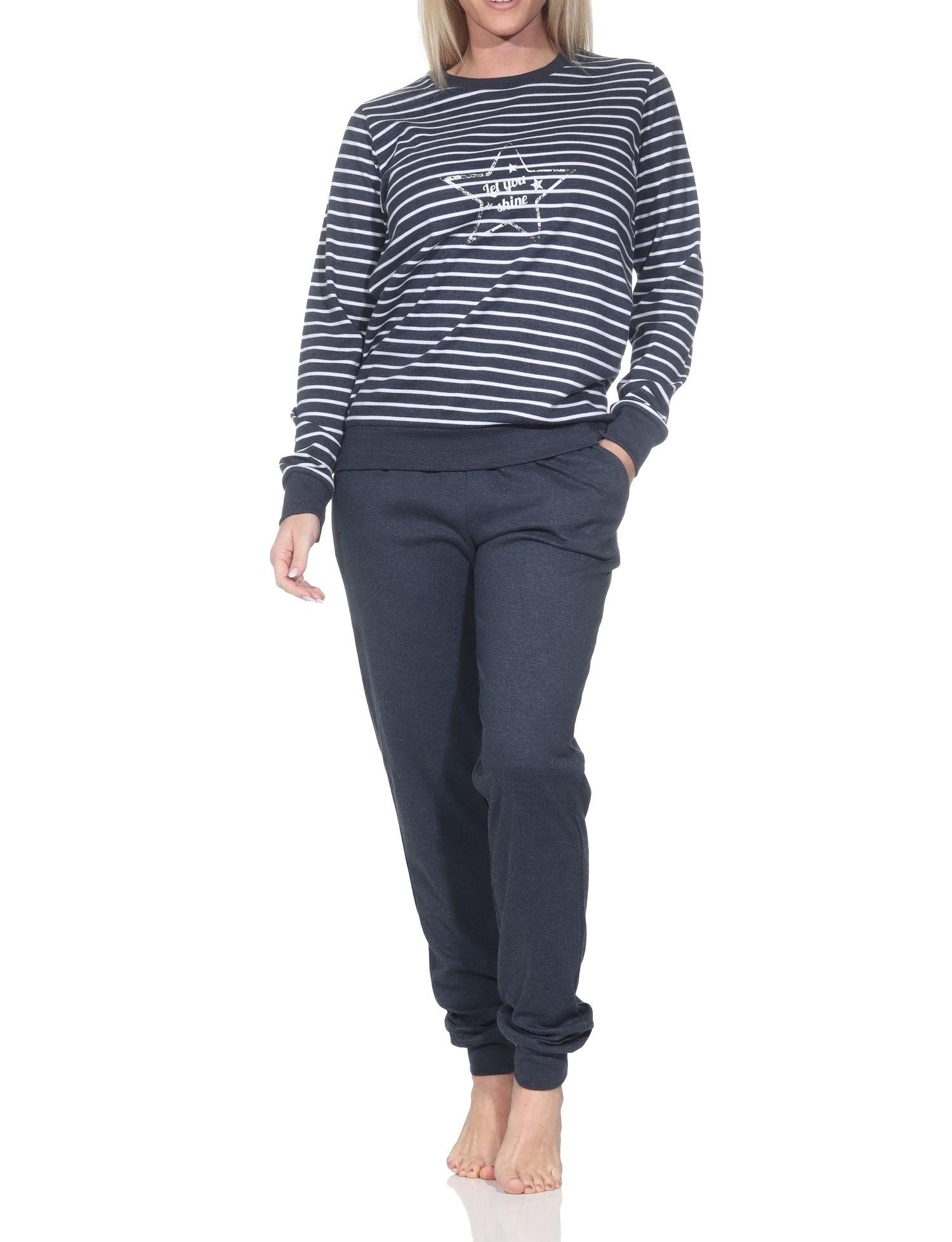 Damen Schlafanzug lang mit Stern-Motiv in Kuschel Interlock Qualität - auch in Übergröße