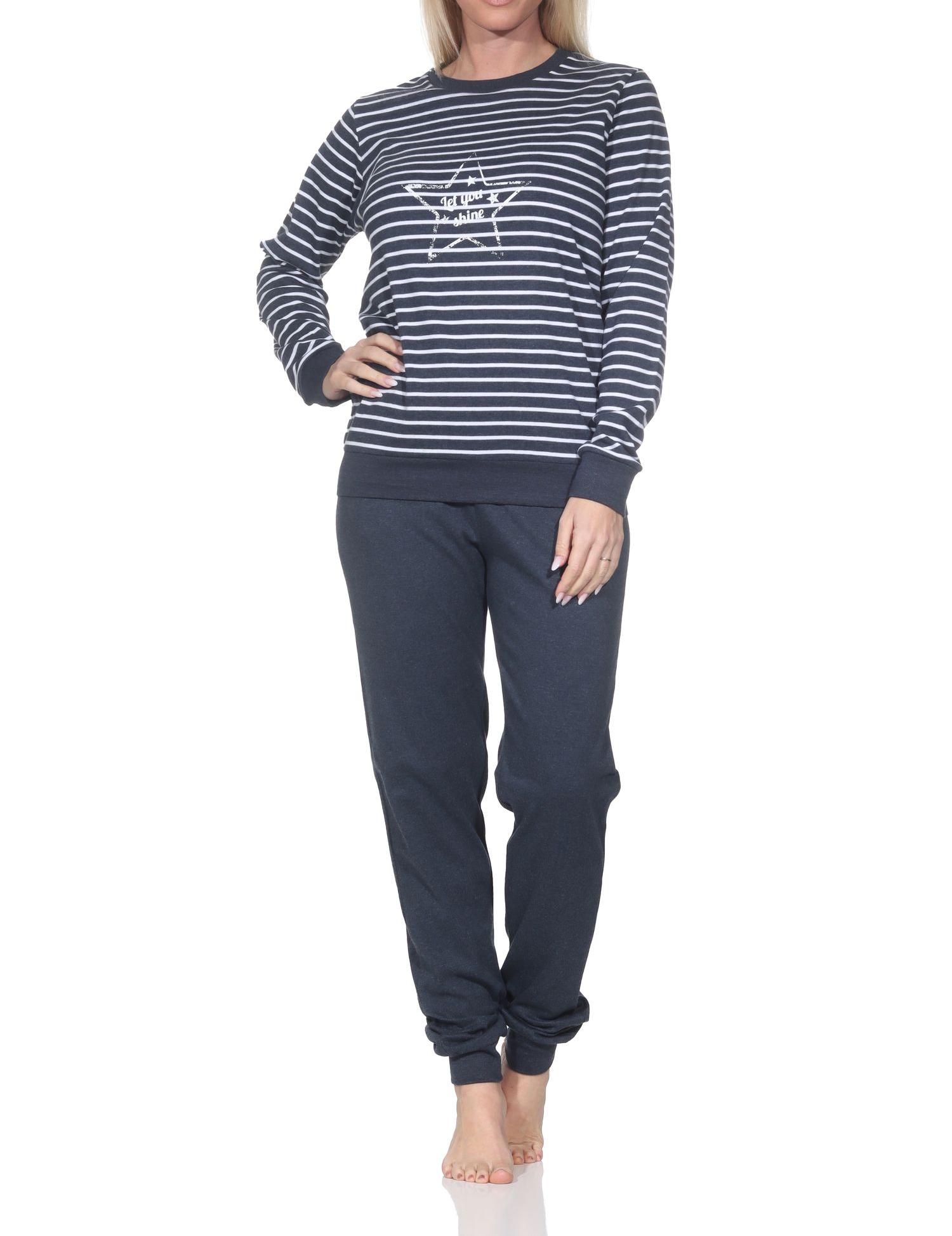 Damen Schlafanzug lang mit Stern-Motiv in Kuschel Interlock Qualität - auch in Übergröße