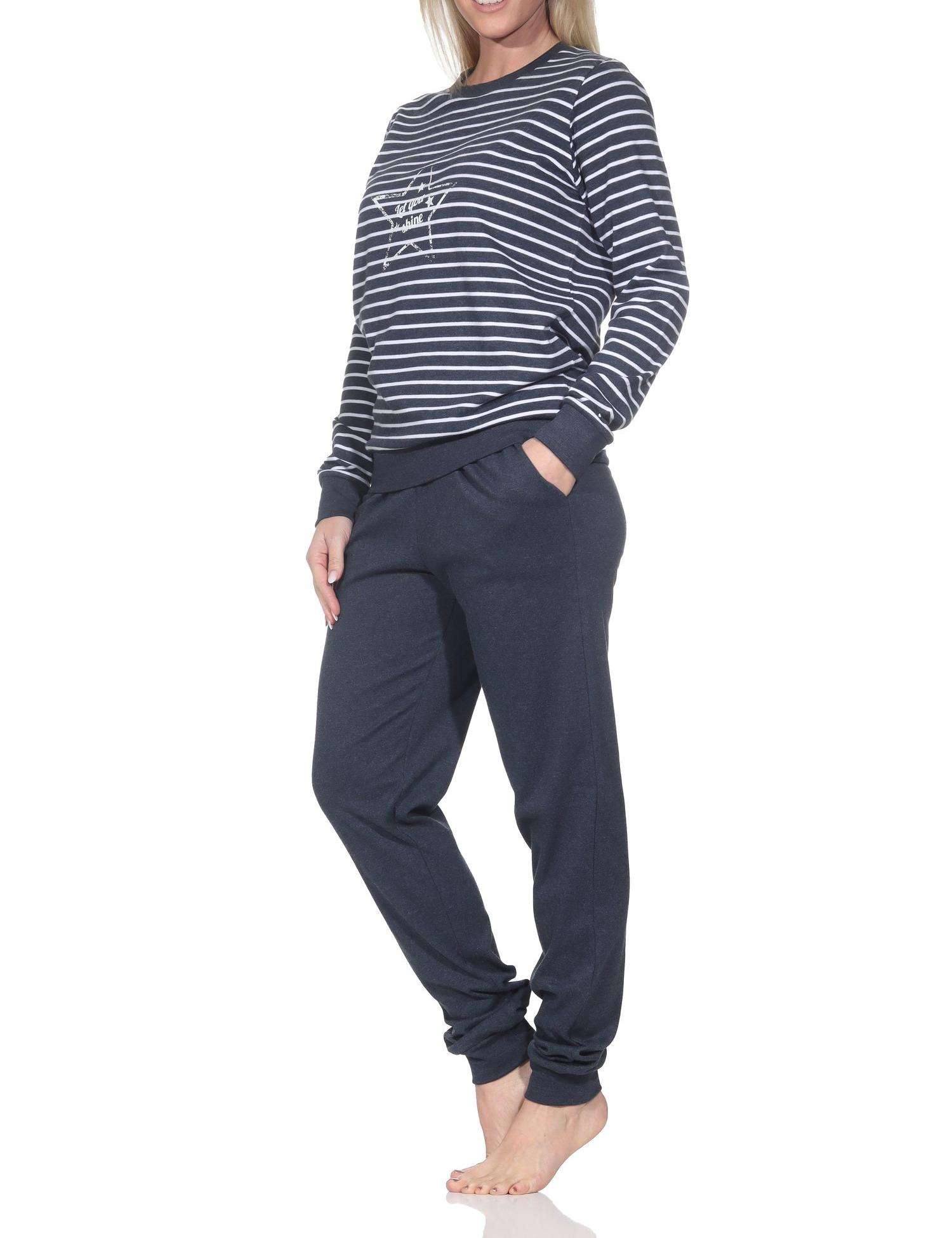 Damen Schlafanzug lang mit Stern-Motiv in Kuschel Interlock Qualität - auch in Übergröße