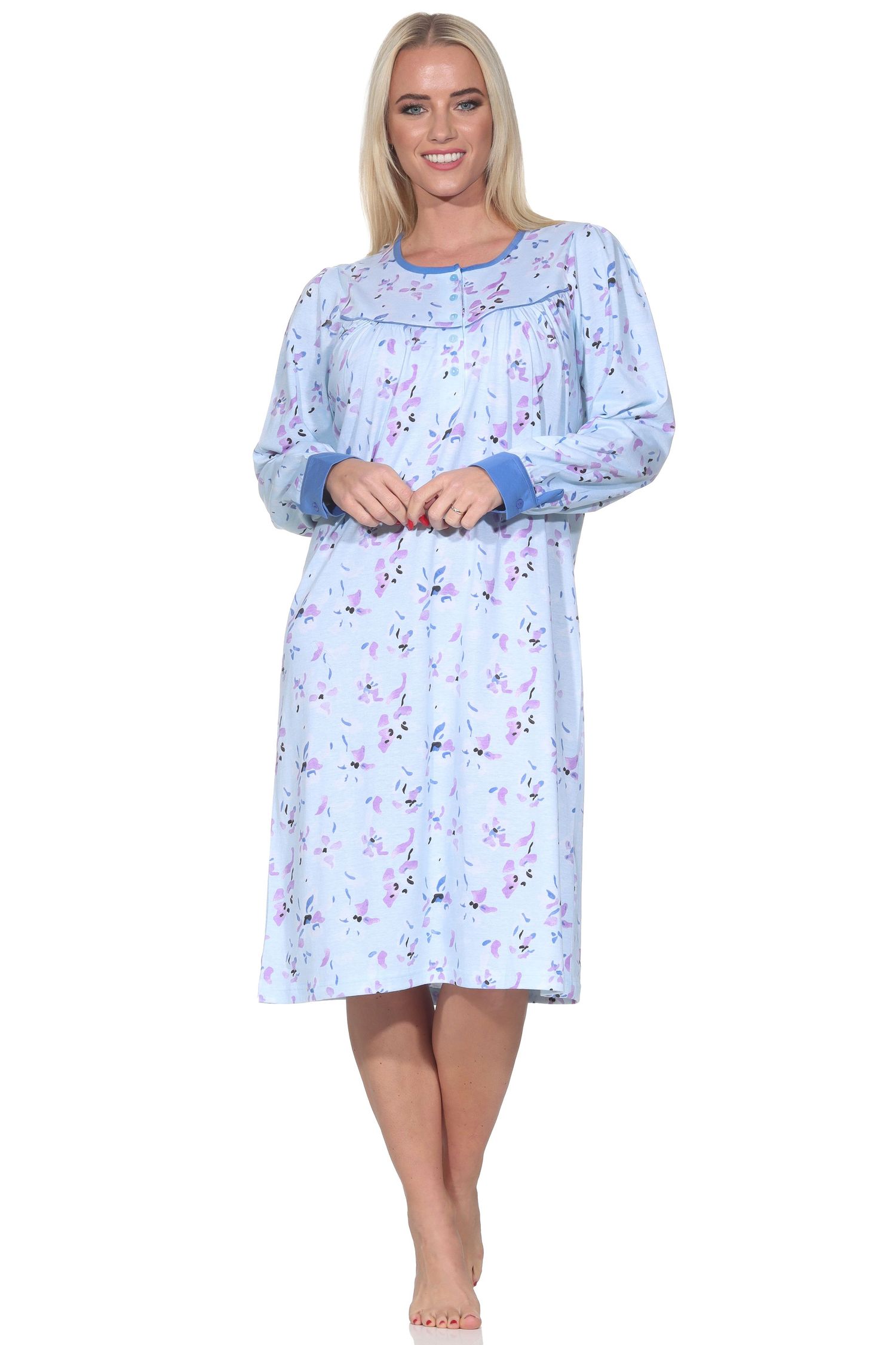 Normann Damen langarm Nachthemd im klassischen fraulichen Design mit Knopfleiste am Hals