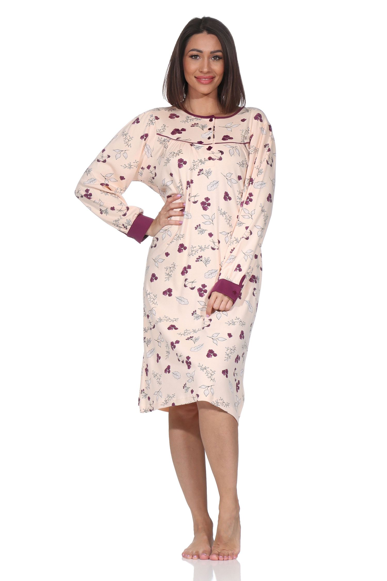 Normann Damen langarm Nachthemd im klassischen fraulichen Design mit Knopfleiste am Hals