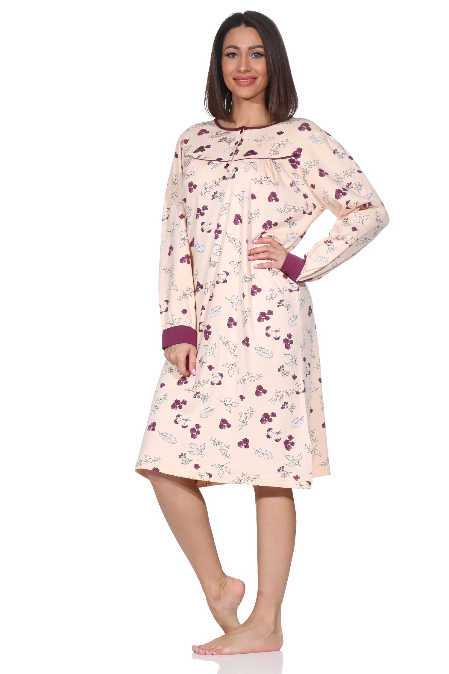 Normann Damen langarm Nachthemd im klassischen fraulichen Design mit Knopfleiste am Hals