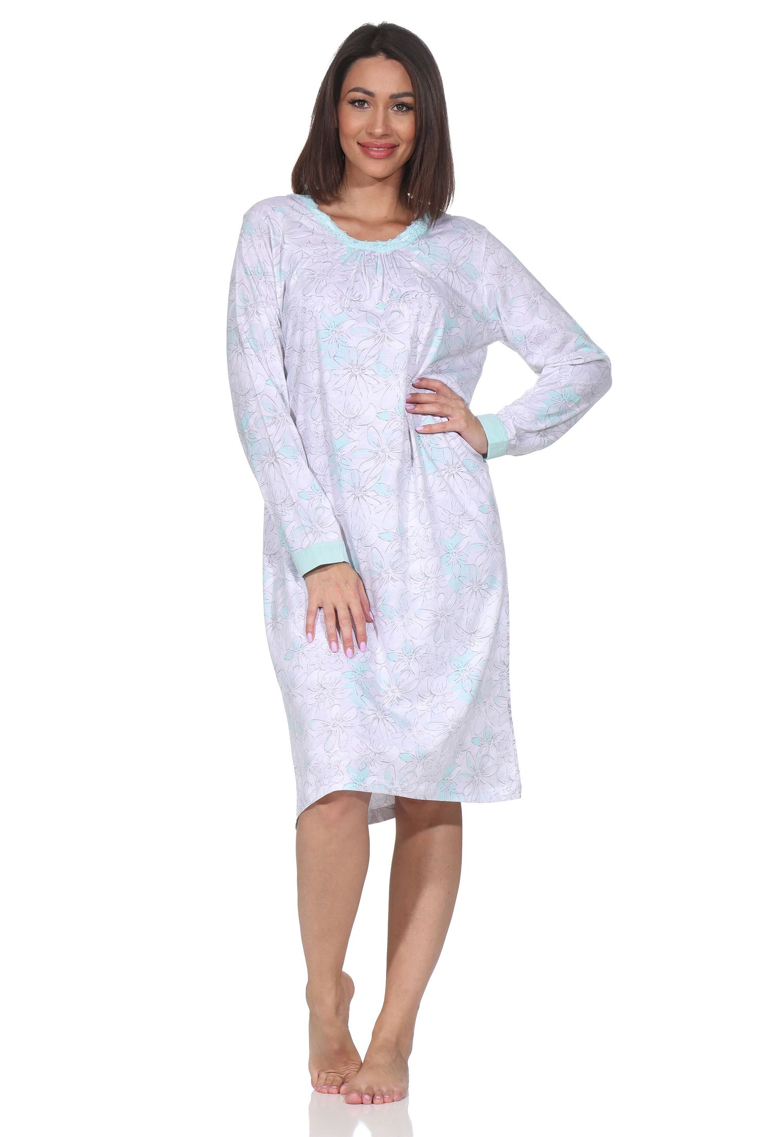 Normann Damen langarm Nachthemd mit Spitzenbesatz im klassisch fraulichen Design