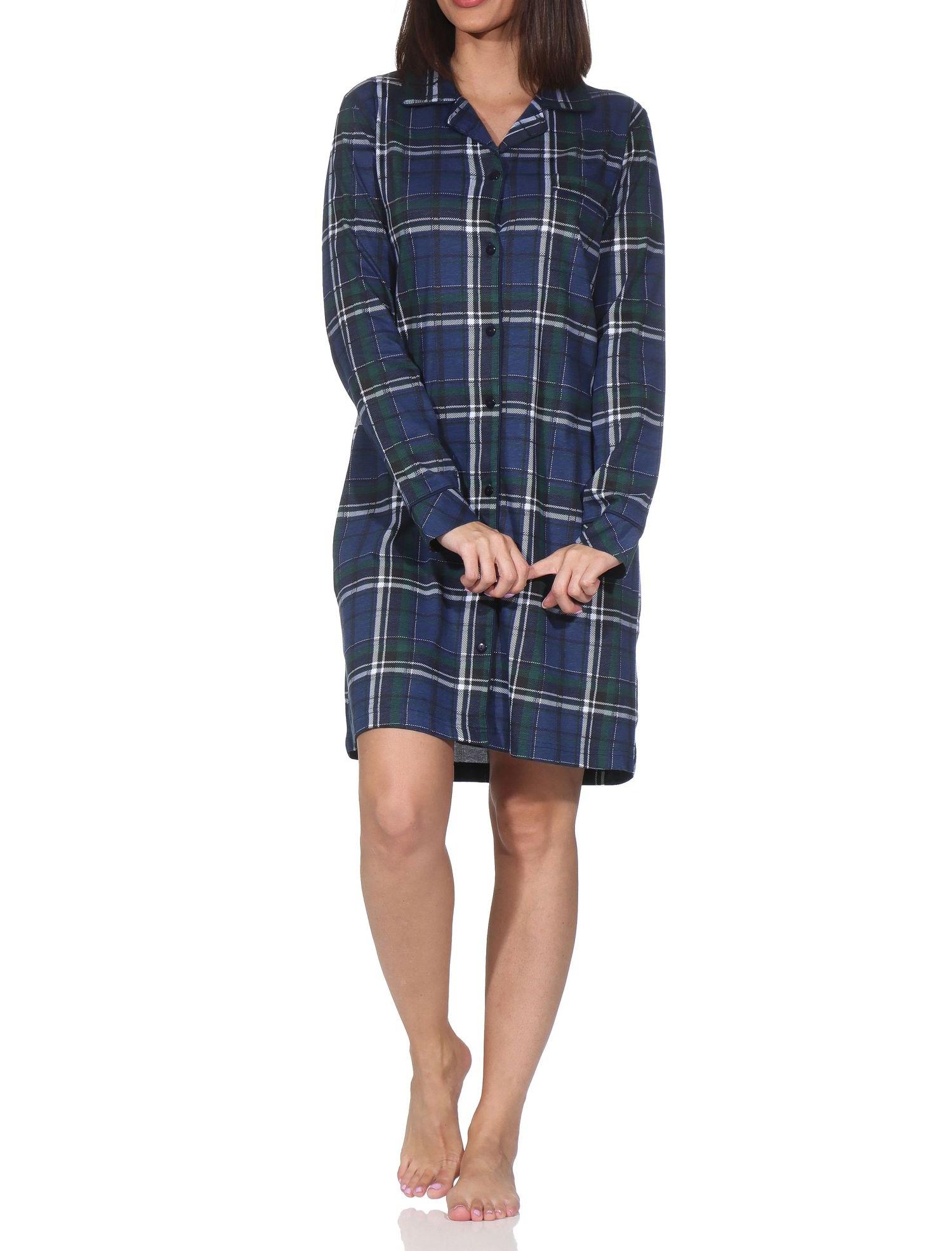 Damen langarm Nachthemd kariert zum durchknöpfen in Jersey Qualität - auch in Übergröße