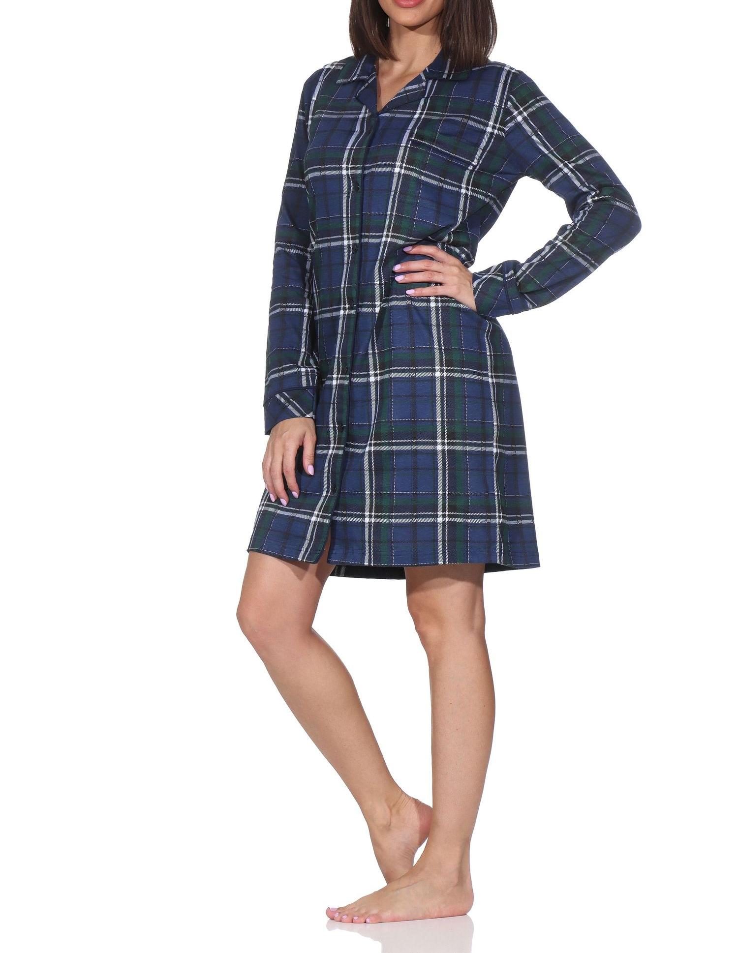 Damen langarm Nachthemd kariert zum durchknöpfen in Jersey Qualität - auch in Übergröße