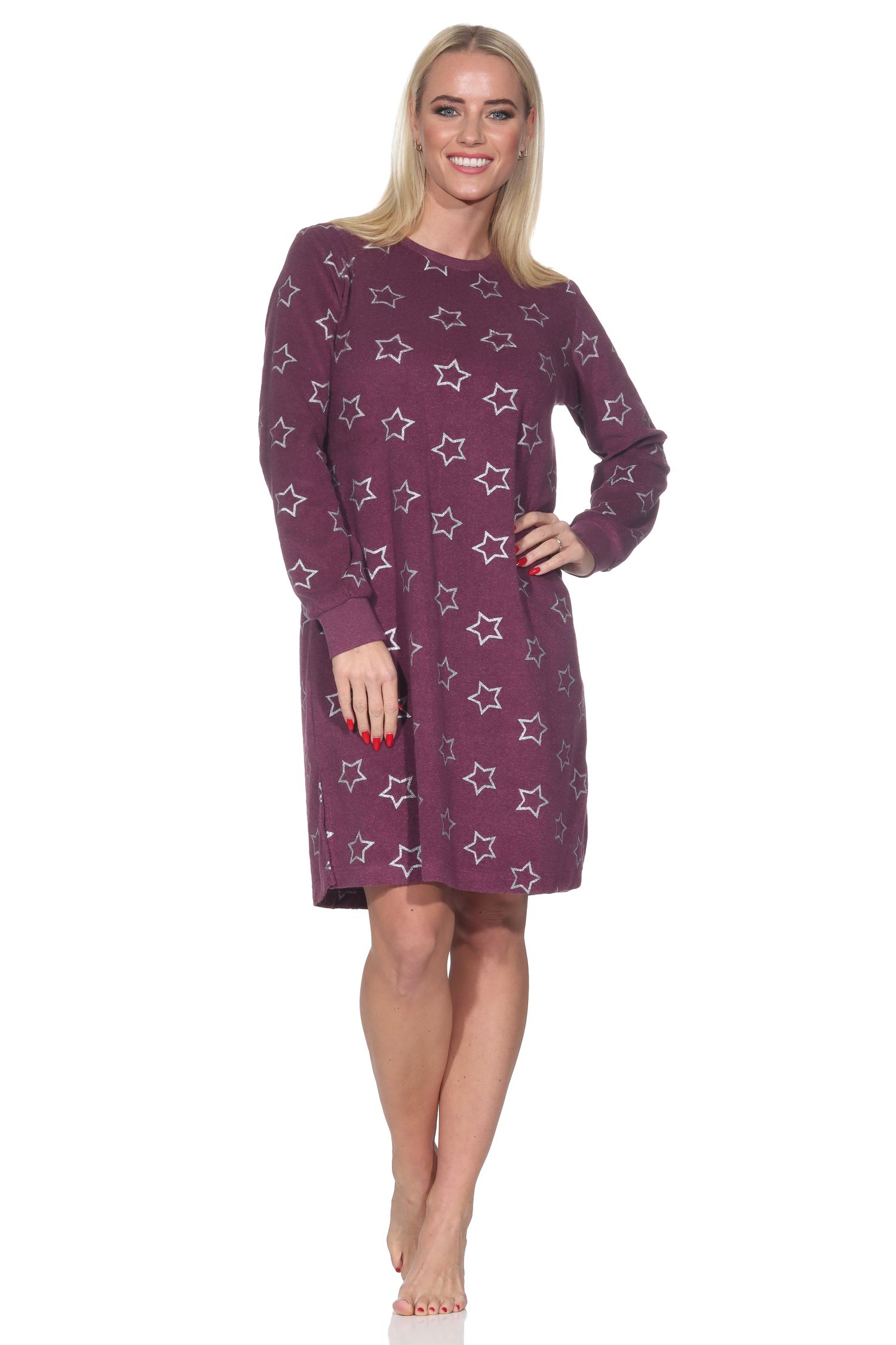 Normann Damen Frottee Nachthemd mit Bündchen in edler Sterne Optik - auch in Übergröße