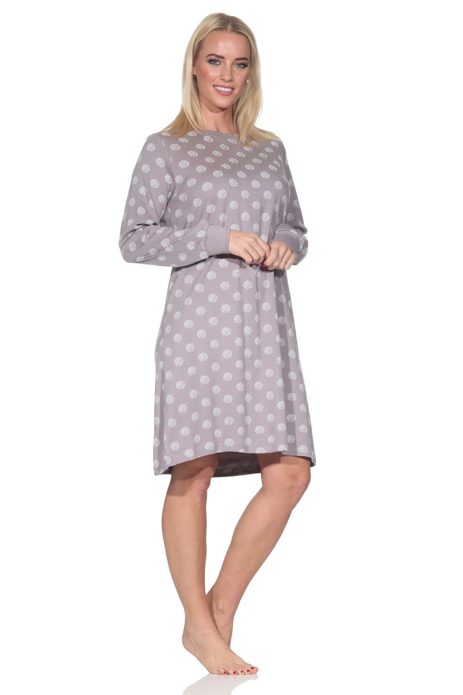 Damen langarm Nachthemd in Kuschel Interlock Qualität in Tupfen Optik – auch in Übergröße