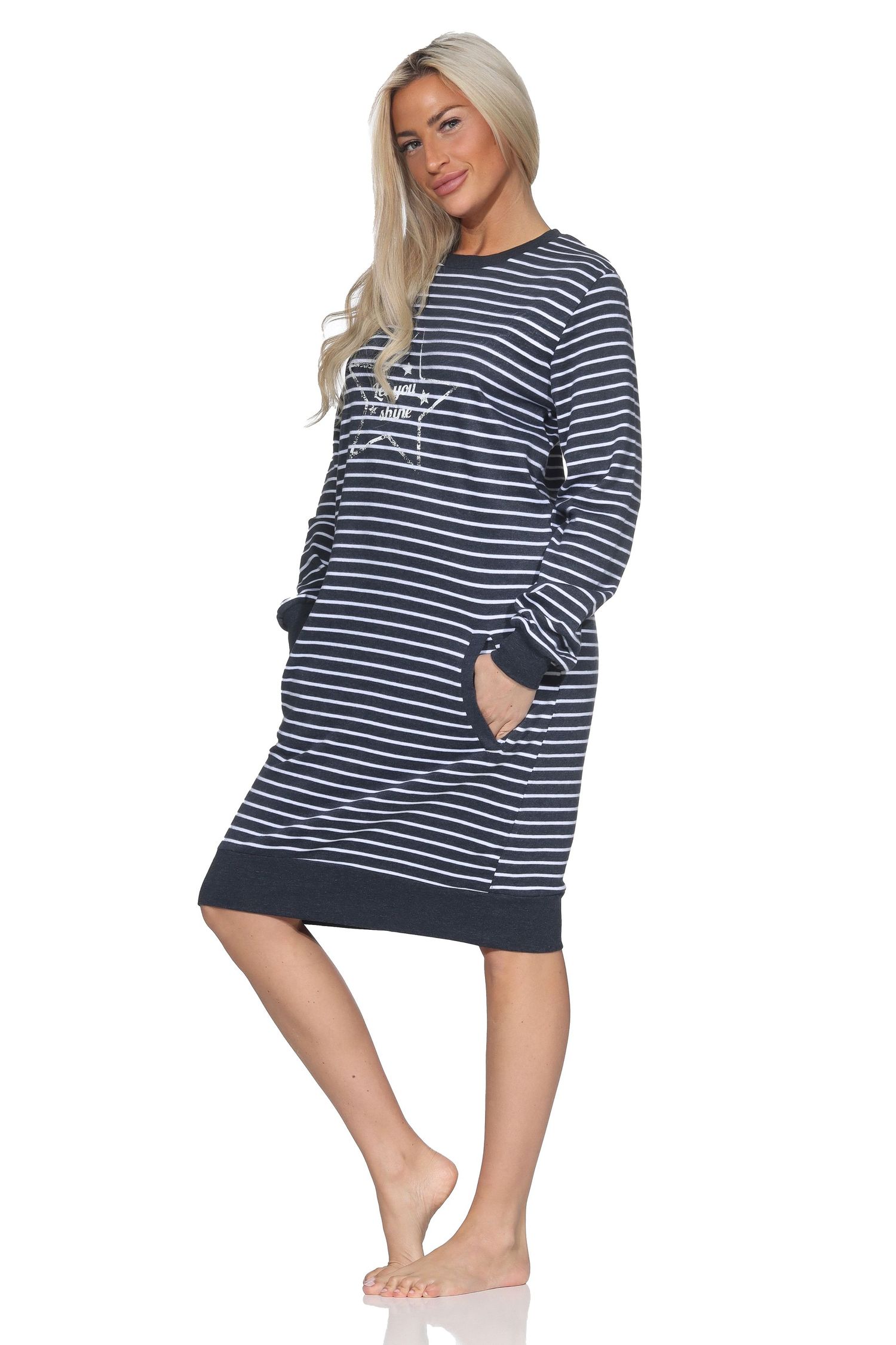 Damen langarm Nachthemd mit Stern-Motiv in Kuschel Interlock Qualität - auch in Übergröße