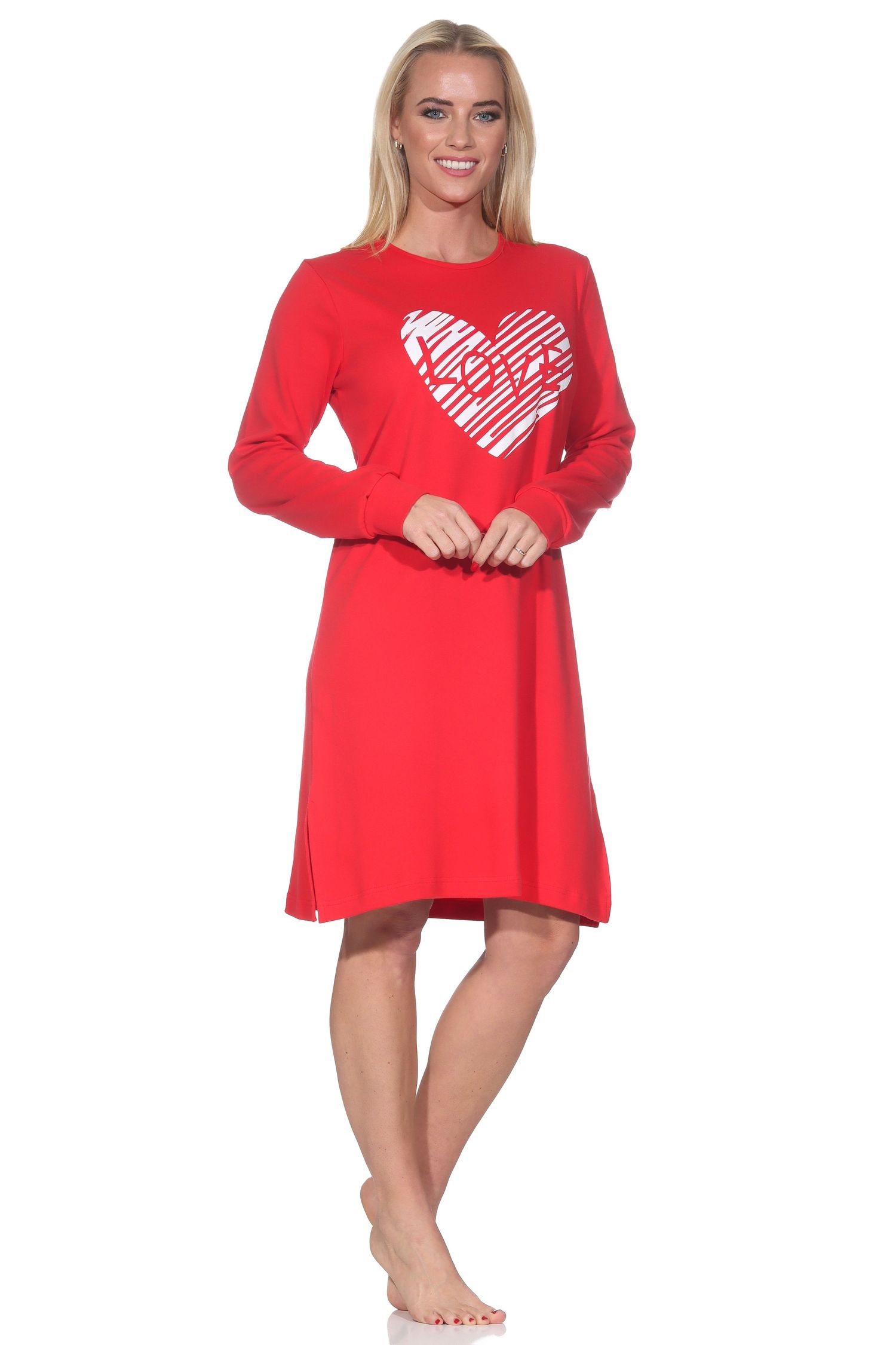 Damen langarm Nachthemd mit Herz-Motiv in Kuschel Interlock Qualität - auch in Übergröße