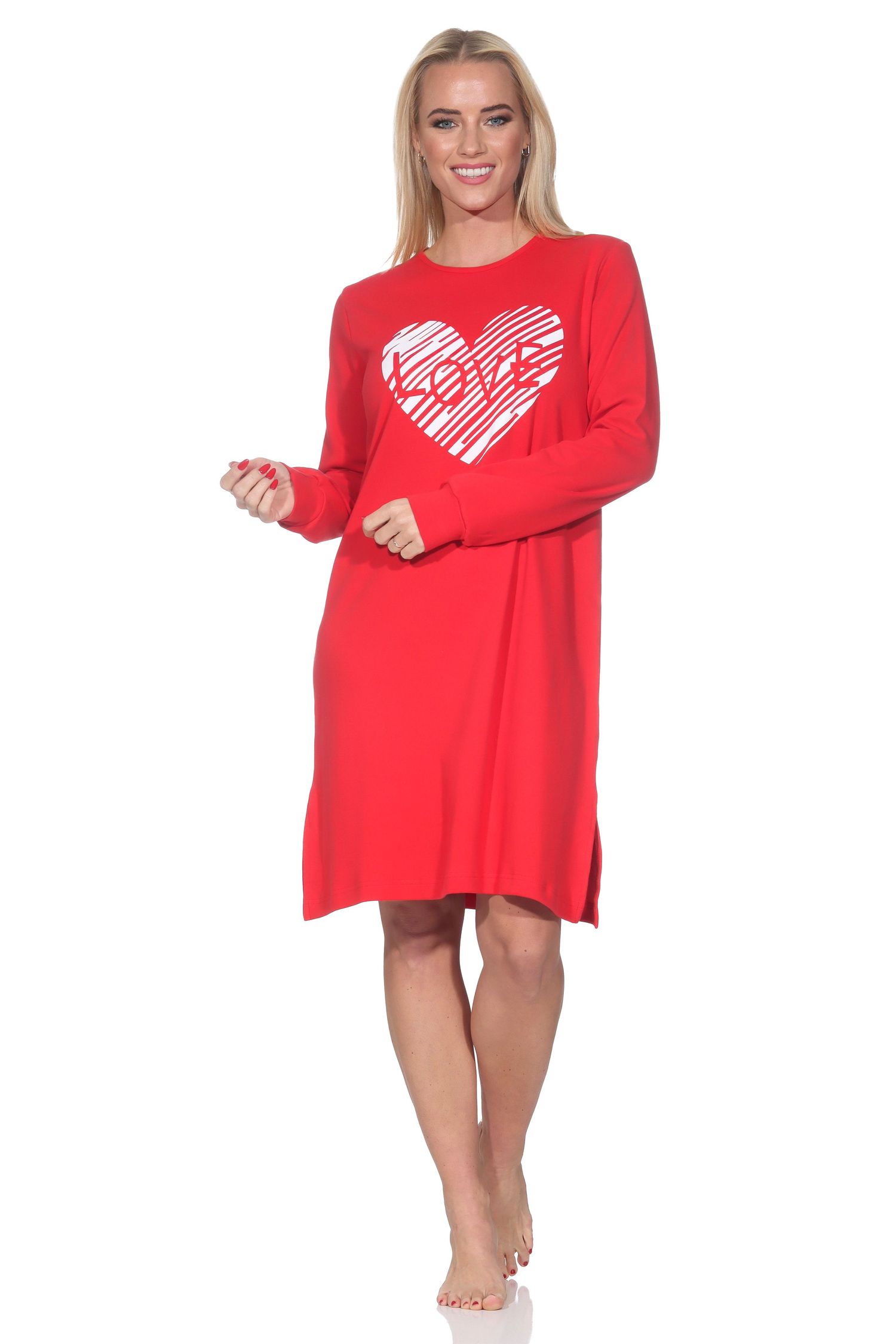 Damen langarm Nachthemd mit Herz-Motiv in Kuschel Interlock Qualität - auch in Übergröße