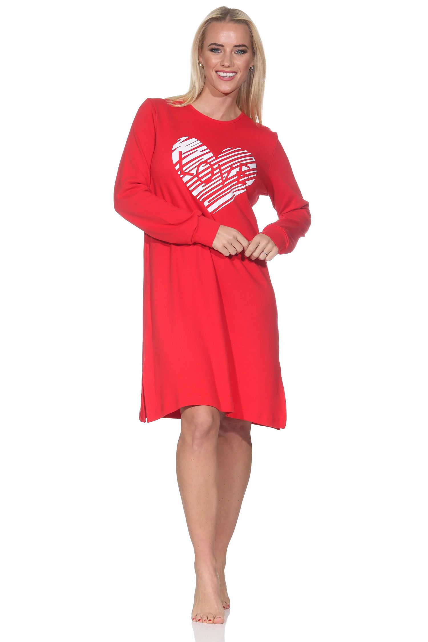 Damen langarm Nachthemd mit Herz-Motiv in Kuschel Interlock Qualität - auch in Übergröße