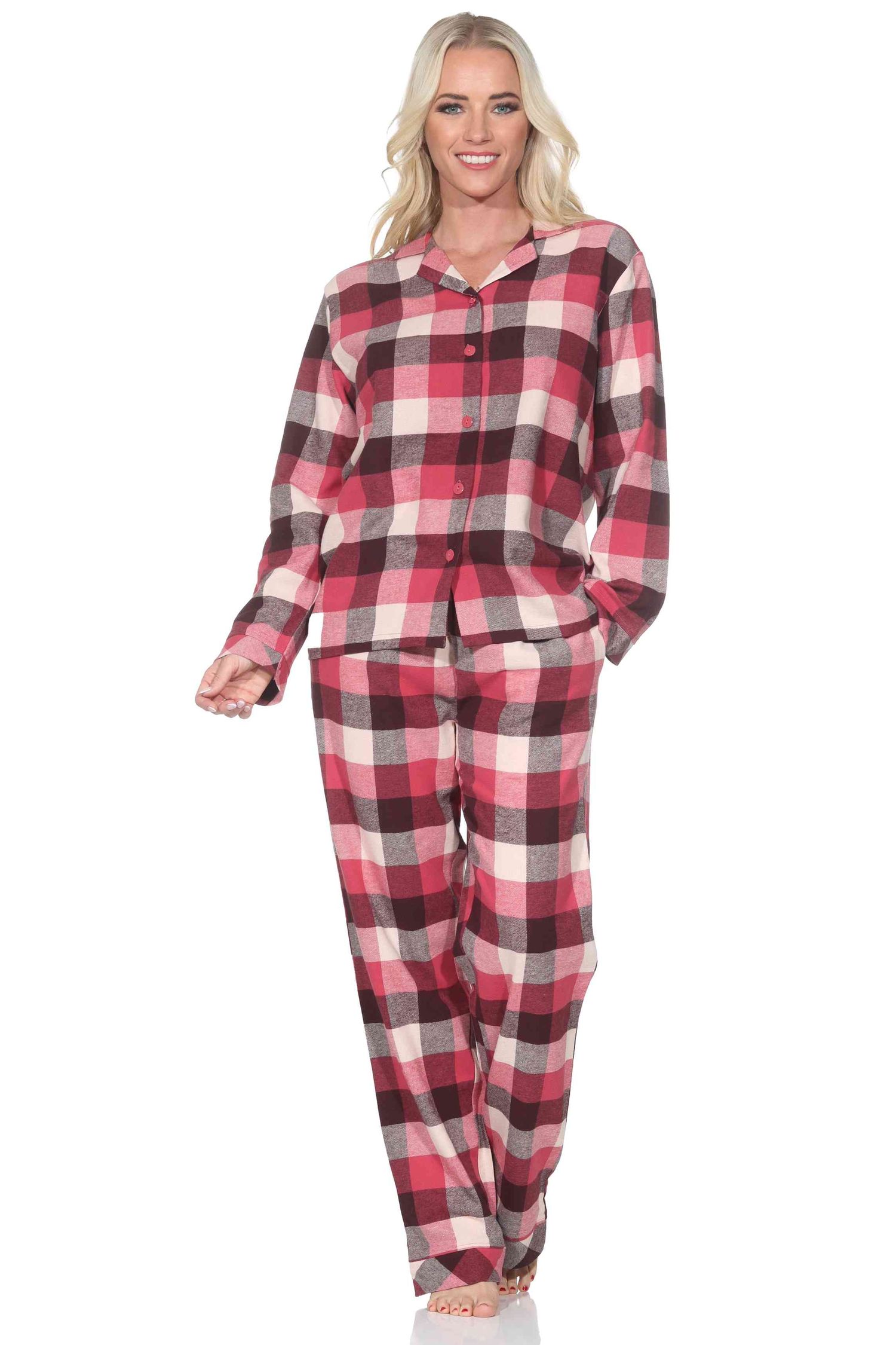 Normann Damen Flanell Schlafanzug lang Pyjama mit Knopfleiste und Hemdkragen Normann Damen Flanell Schlafanzug lang Pyjama mit Knopfleiste und Hemdkragen