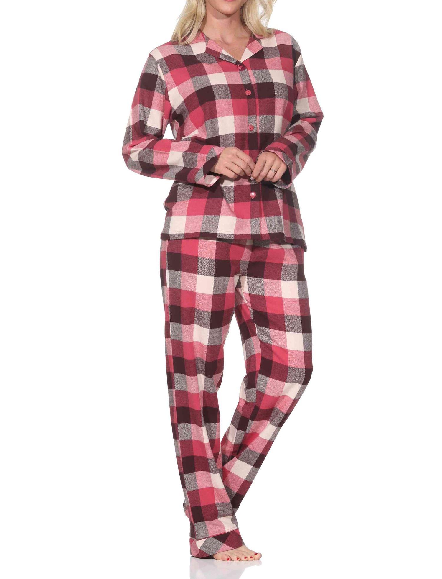 Normann Damen Flanell Schlafanzug lang Pyjama mit Knopfleiste und Hemdkragen Normann Damen Flanell Schlafanzug lang Pyjama mit Knopfleiste und Hemdkragen
