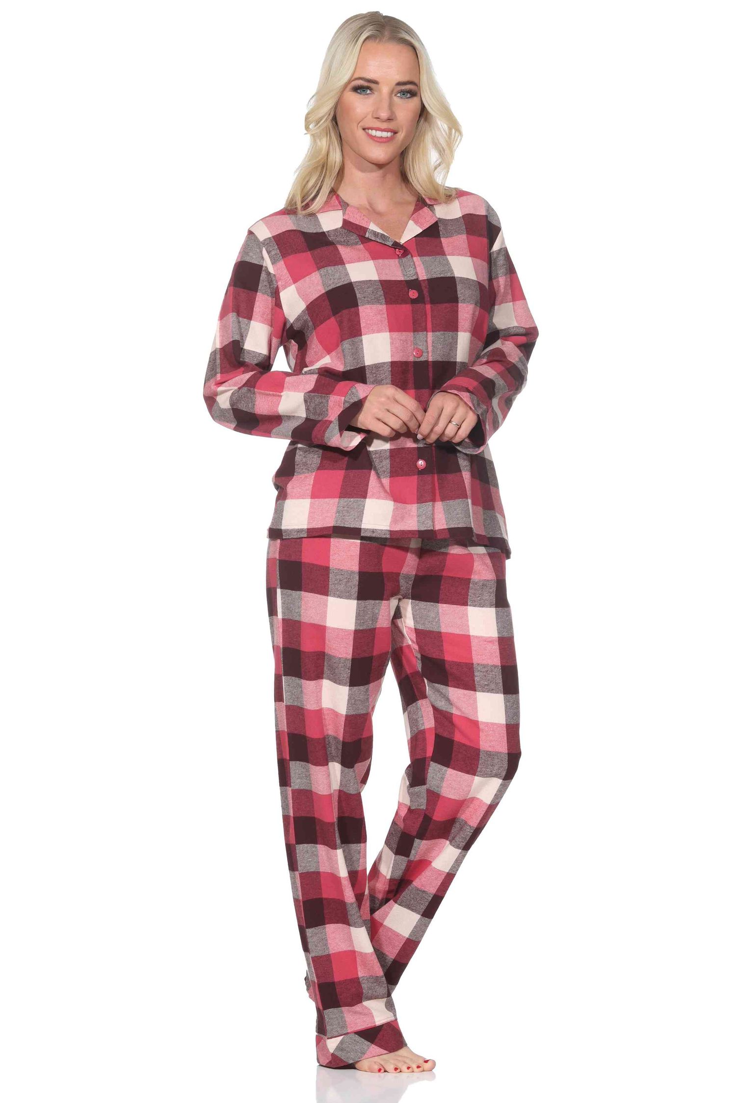 Normann Damen Flanell Schlafanzug lang Pyjama mit Knopfleiste und Hemdkragen Normann Damen Flanell Schlafanzug lang Pyjama mit Knopfleiste und Hemdkragen
