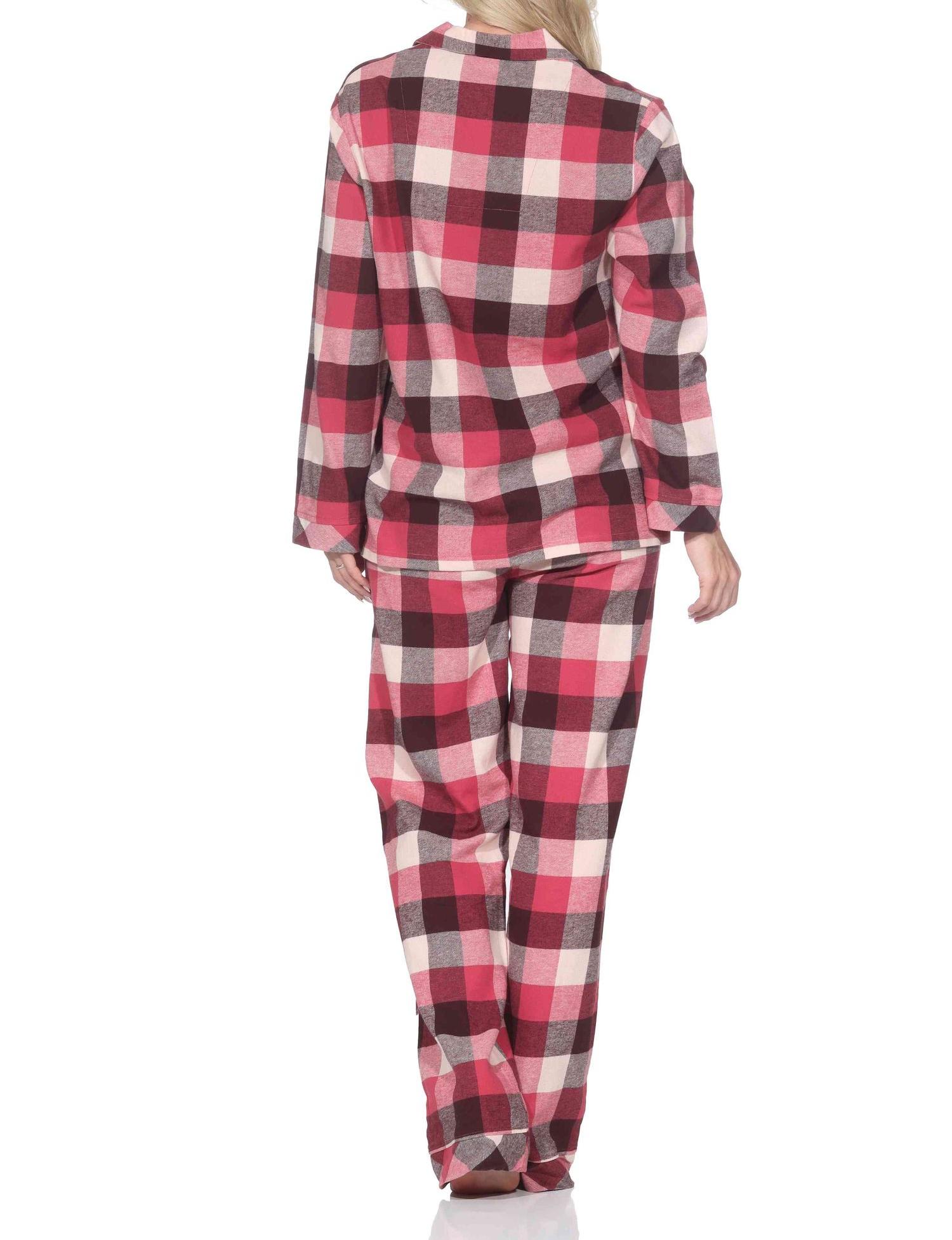 Normann Damen Flanell Schlafanzug lang Pyjama mit Knopfleiste und Hemdkragen