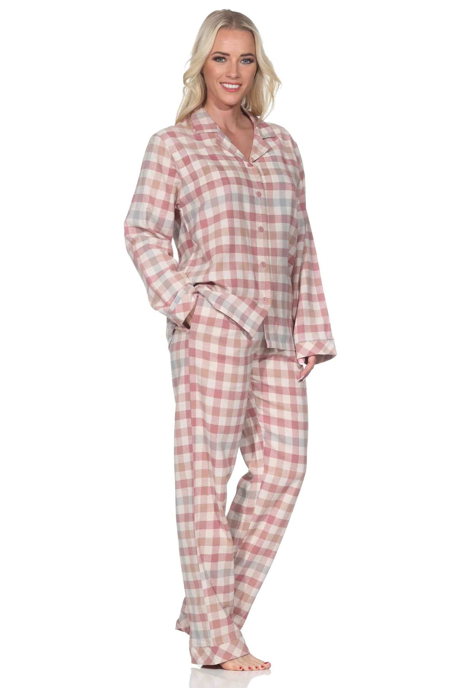 Normann Damen Flanell Schlafanzug langarm Pyjama mit Knopfleiste in Karo-Optik Normann Damen Flanell Schlafanzug langarm Pyjama mit Knopfleiste in Karo-Optik