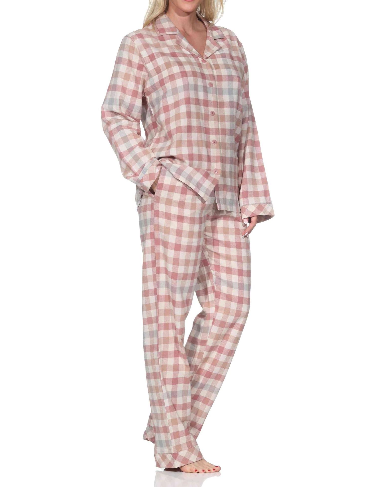 Normann Damen Flanell Schlafanzug langarm Pyjama mit Knopfleiste in Karo-Optik