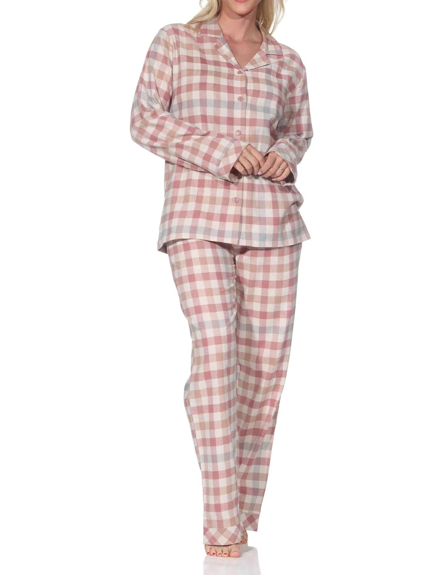 Normann Damen Flanell Schlafanzug langarm Pyjama mit Knopfleiste in Karo-Optik