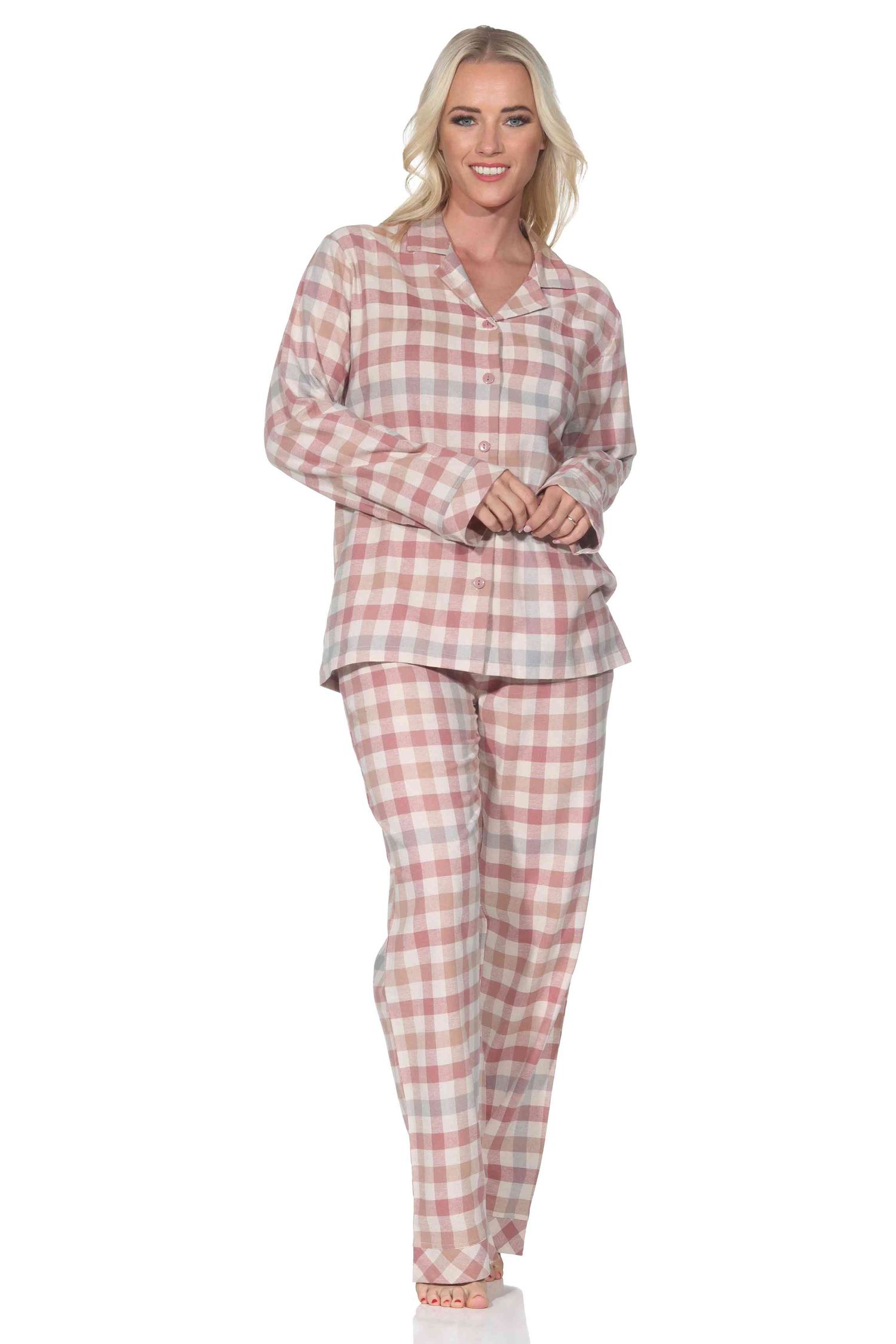 Normann Damen Flanell Schlafanzug langarm Pyjama mit Knopfleiste in Karo-Optik Normann Damen Flanell Schlafanzug langarm Pyjama mit Knopfleiste in Karo-Optik